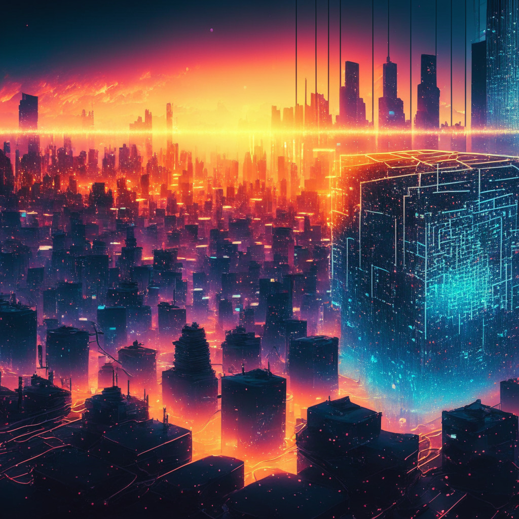 A grand, cyberpunk cityscape at sunset, dominated by a structural web of glowing, data-streaming blockchain. Shift focus to a contrasting icy field, indicating the cooling cryptocurrency market. Midground, see an AI entity, symbolizing Web3Go, flourishing with radiance. Further back, smaller infrastructures blaze brightly, like sparks in twilight, showing their success despite the crypto winter. Atmosphere is dynamic, teeming with complexities of the intertwining worlds of AI and Blockchain. Mood is contemplative yet hopeful.