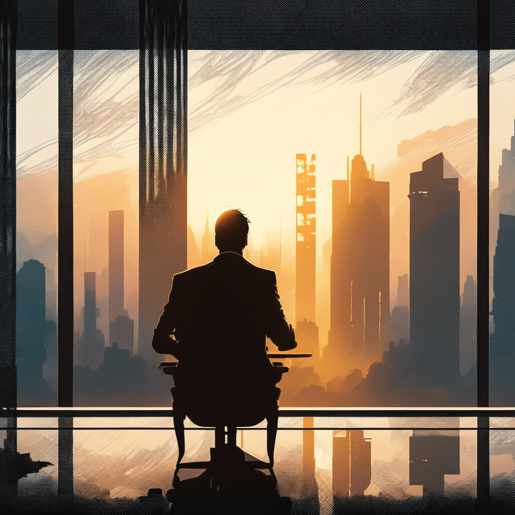 Sunrise over a sprawling, futuristic city representing a bustling cryptocurrency exchange, a silhouette of a CEO pondering amidst swirling rumors in the backdrop, a vacant office chair as symbolism for high-profile departures, under a gray sky reflecting the market's uneasy mood. Artistic style should reflect poignant realism with a touch of somber hues reflecting uncertainty, a tumultuous sea beneath the cityscape to signify the volatile crypto environment.