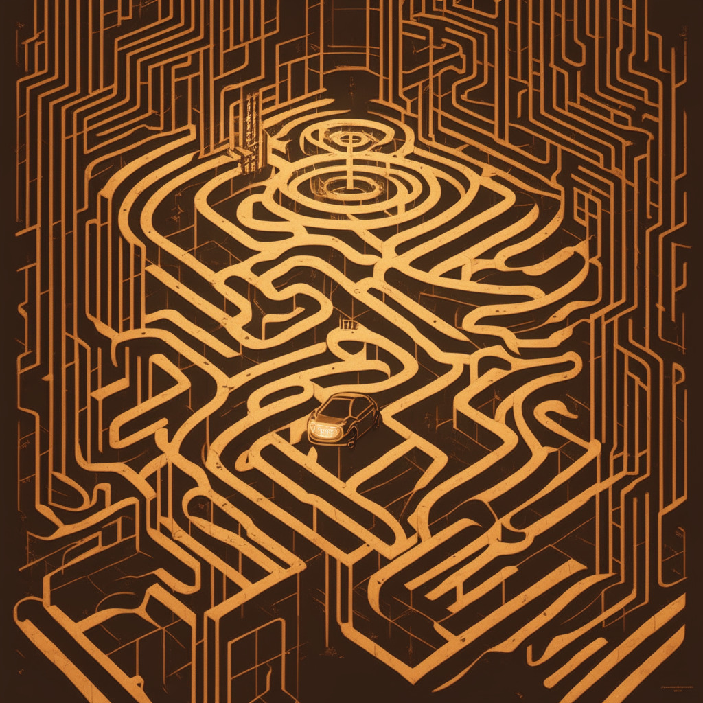 A detailed representation of an enigmatic maze symbolizing the complex world of cryptocurrency, bathed in muted warm hues to evoke Tesla's cautious stance. Shadows and highlights depict the fluctuating nature of crypto, with discreet tally marks in the background representing the four inactive quarters. A silhouette of an electric car subtly suggests the company's main product, hinting at the interplay between EVs and bitcoin. Mood: Suspenseful, Contemplative.
