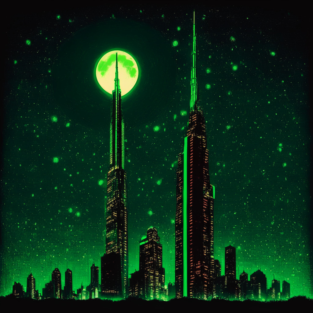 A night skyline under the influence of Van Gogh's Starry Night style, with two dominating skyscrapers catching the moonlight. One tower, glowing with an effervescent, green light, symbolising the rise of Unibot coin, other, a daring, red-lit structure representing Evil Pepe Coin, noticeably shorter but full of promising glimmers. Both cast bold, dramatic shadows, with a crowd of diminutive, other structures barely peeping through, illustrating the fierce competition in the crypto market. The mood is one excitement, anticipation, with a tinge of risk.