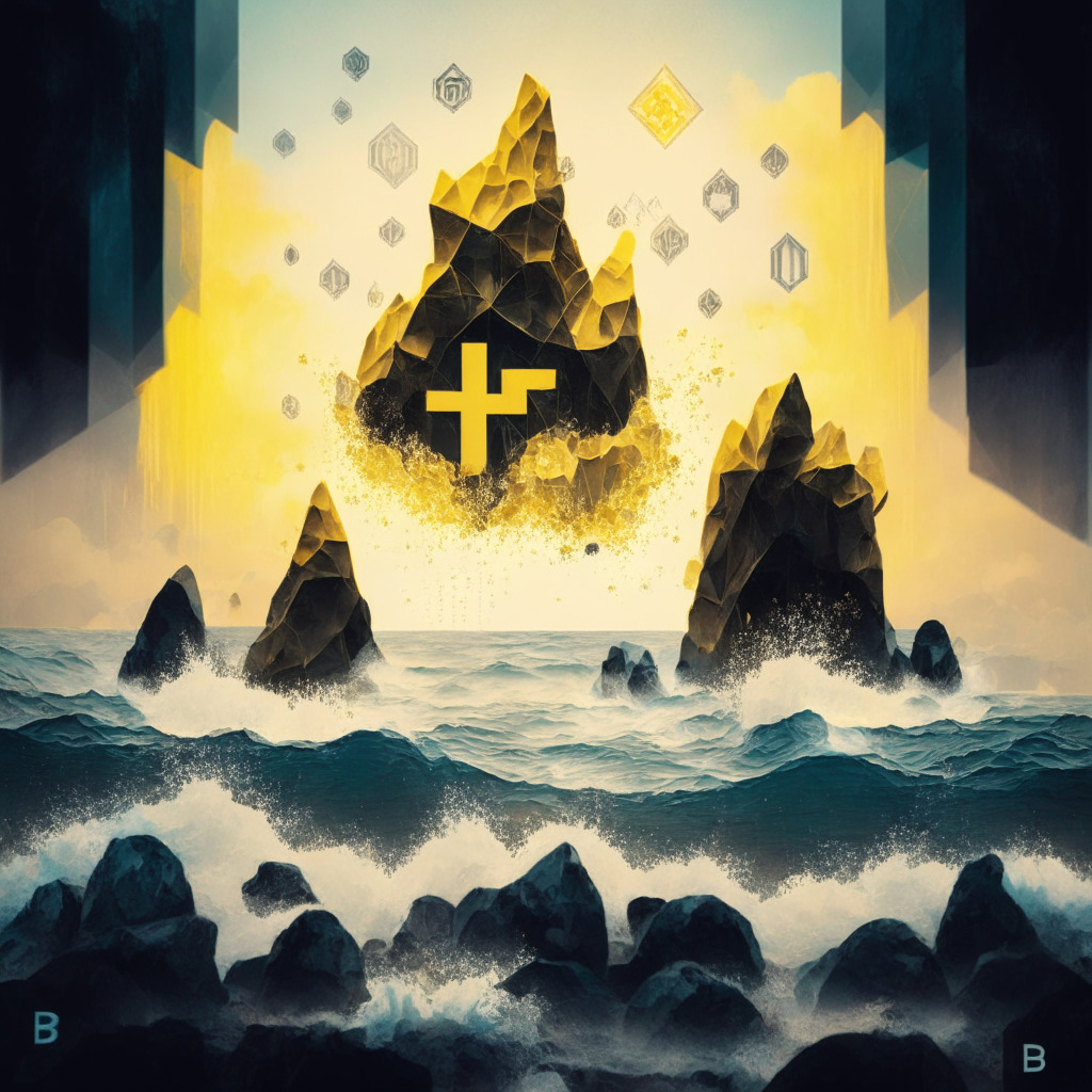 Image representing Binance's half-year report 2023, abstractly, in a surrealistic style. Set an evening light filter conveying an optimistic outview. Picture the dynamics of the crypto market with towering Bitcoin, Ethereum and BNB symbols, like rock formations amidst an ocean, demonstrating their growth, and resilience in a turbulent sea to symbolize the fluctuating market conditions. A slightly-muted sunshine symbolizing regulatory pressures. Integrate elements such as grandeur chess pieces, a roller coaster, and a book to represent strategic maneuvers, volatility and extensive analysis respectively. The mood should be intense but hopeful.
