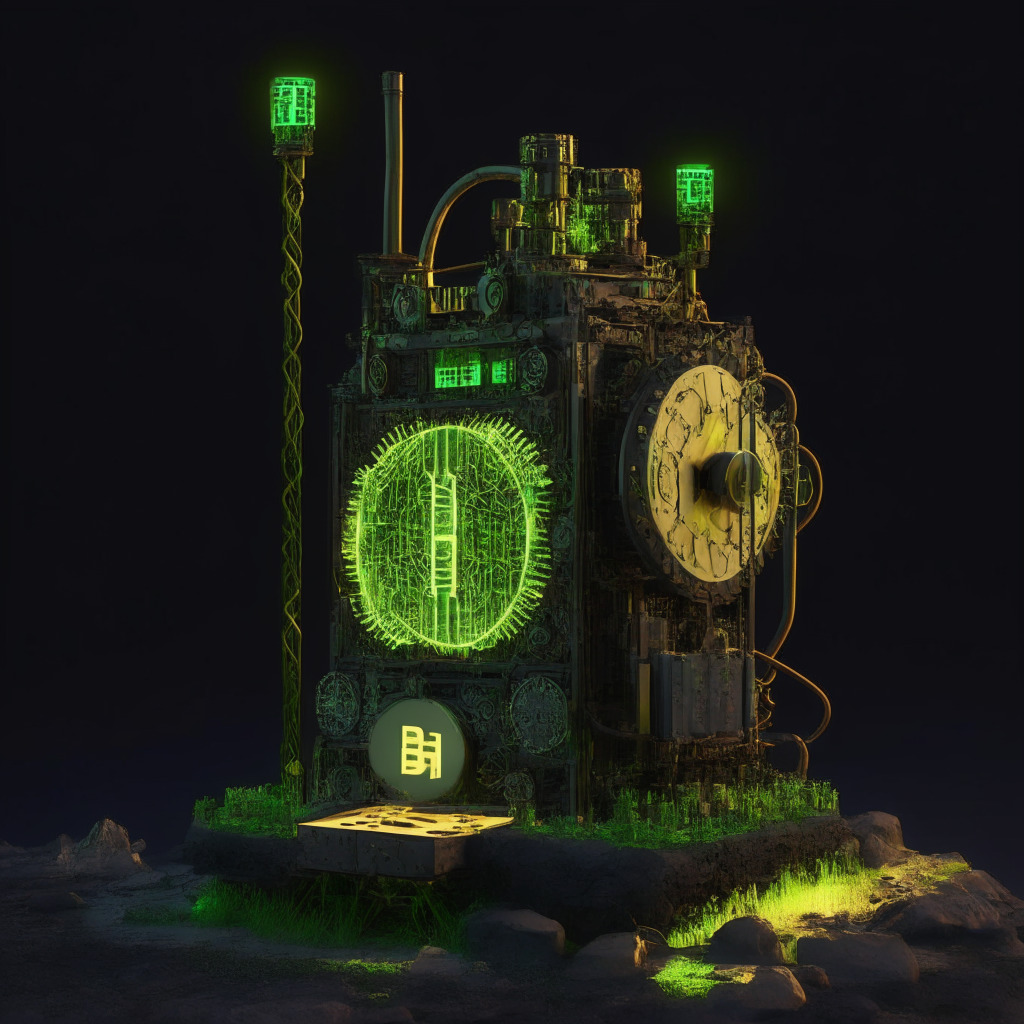 A complex, steampunk styled mining rig, glowing with radiant green energy on one side, representative of Bitcoin's contribution to renewable energy projects. On the opposite side, typical coal-black machinery, symbolic of its deemed environmental impact. The light setting is a contrasting dusk and dawn, capturing the mixed environmental implications of Bitcoin. A discarded coin in the middle signifies its enigmatic role in climate change.