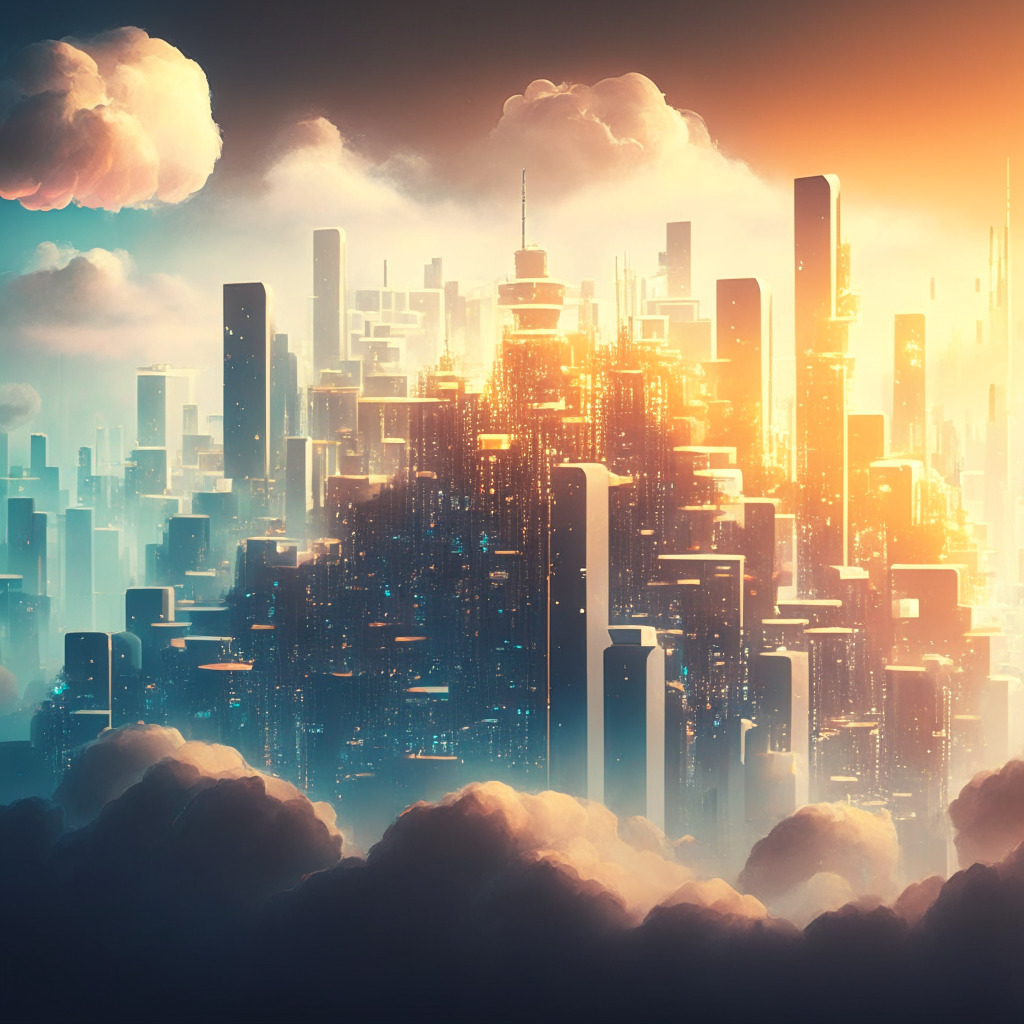 A futuristic cityscape bathed in late afternoon light, featuring various sectors - finance, healthcare, entertainment, real estate, represented as interconnected nodes on a giant floating blockchain, glowing with promise and prosperity. Illustrate obstacles like an ominous storm cloud representing regulatory challenges, and a smoggy haze symbolizing carbon emissions, looming over the city, making it feel both optimistic and tempered. Add a surreal, speculative art style to convey the uncertainty and potential of the technology.