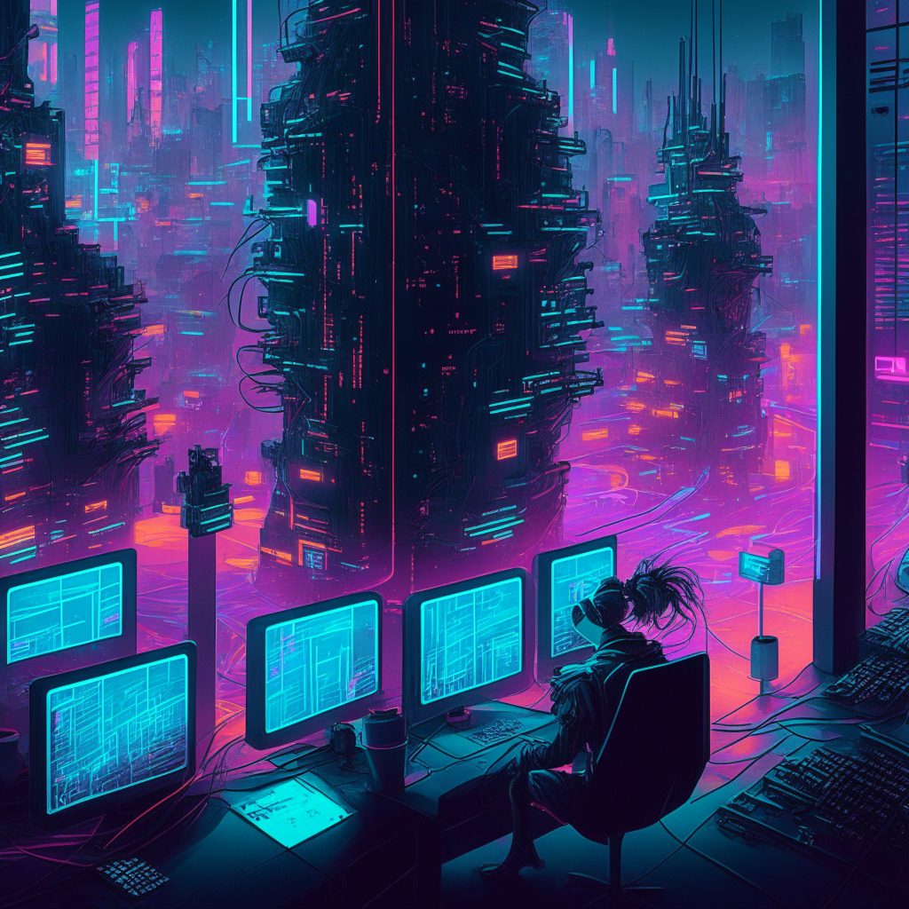 A mix of futurism and cyberpunk, a cityscape abuzz with network signals reflecting the thriving Base network, intense neon lights flickering to delineate its complexities. Figures at workstations highlight developers interfacing with the mainnet, invoking functions via command-line interfaces, evoking a mood of cautious optimism amidst skepticism.