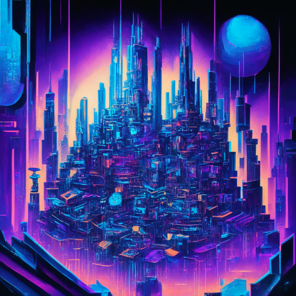 An intricate, abstract painting of a futuristic city representing the digital crypto universe, illuminated under vivid hues of neon blues and purples, signifying worldwide crypto ownership. Figures symbolizing financial advisors interact with holographic tokens, reflecting the delicate balance between passive and active investment strategies. The mood is progressive, portraying a vibrant, fast-evolving crypto landscape.