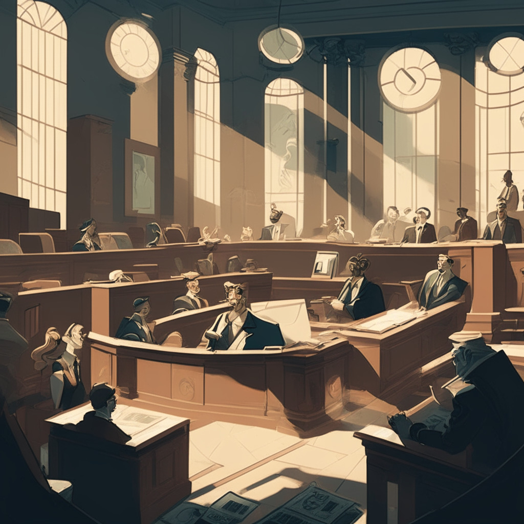 Mid-20th Century courtroom filled with various cryptocurrencies as anthropomorphised figures, in deep serious discussion under a soft, yet stern natural daylight. Neutral hues embellishing a mood of tension, uncertainty, with a touch of surrealism. Digitally-rendered, symbolizing change, innovation, and struggle for clarity in the crypto-regulation landscape.
