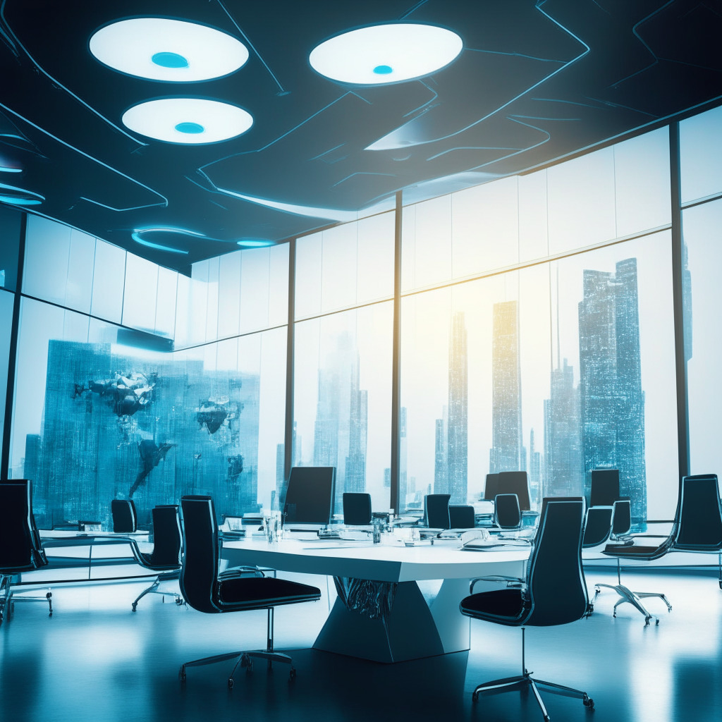 Depict a bright conference room with glass walls showing a futuristic skyline. Incorporate sleek, modern furniture and scattered paperwork hinting at intense discussions. Include symbolic elements like a glowing digital tablet showing an encrypted token, traditional commodities juxtaposed with cryptocurrency symbols, and a balance scale signifying regulatory oversight. Use a ultramodern, futuristic style that captures the emergence of digital economy. Set an atmosphere of excitement but also uncertainty to reflect the transformative potential of tokenized equities and the challenges ahead.