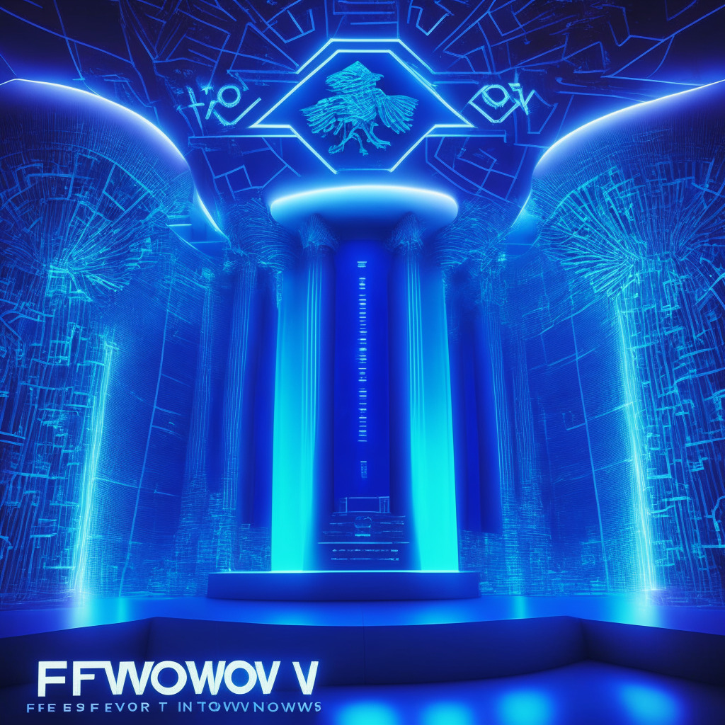 Dramatic unveiling of a futuristic financial landscape with a dominant emblem of the U.S. Federal Reserve launching a service called 'FedNow', a contrast of modern, vibrant blockchain patterns in the background representing emerging technologies. Utilize crisp, bright lighting that suggests innovation and tension for the advent of a new era.