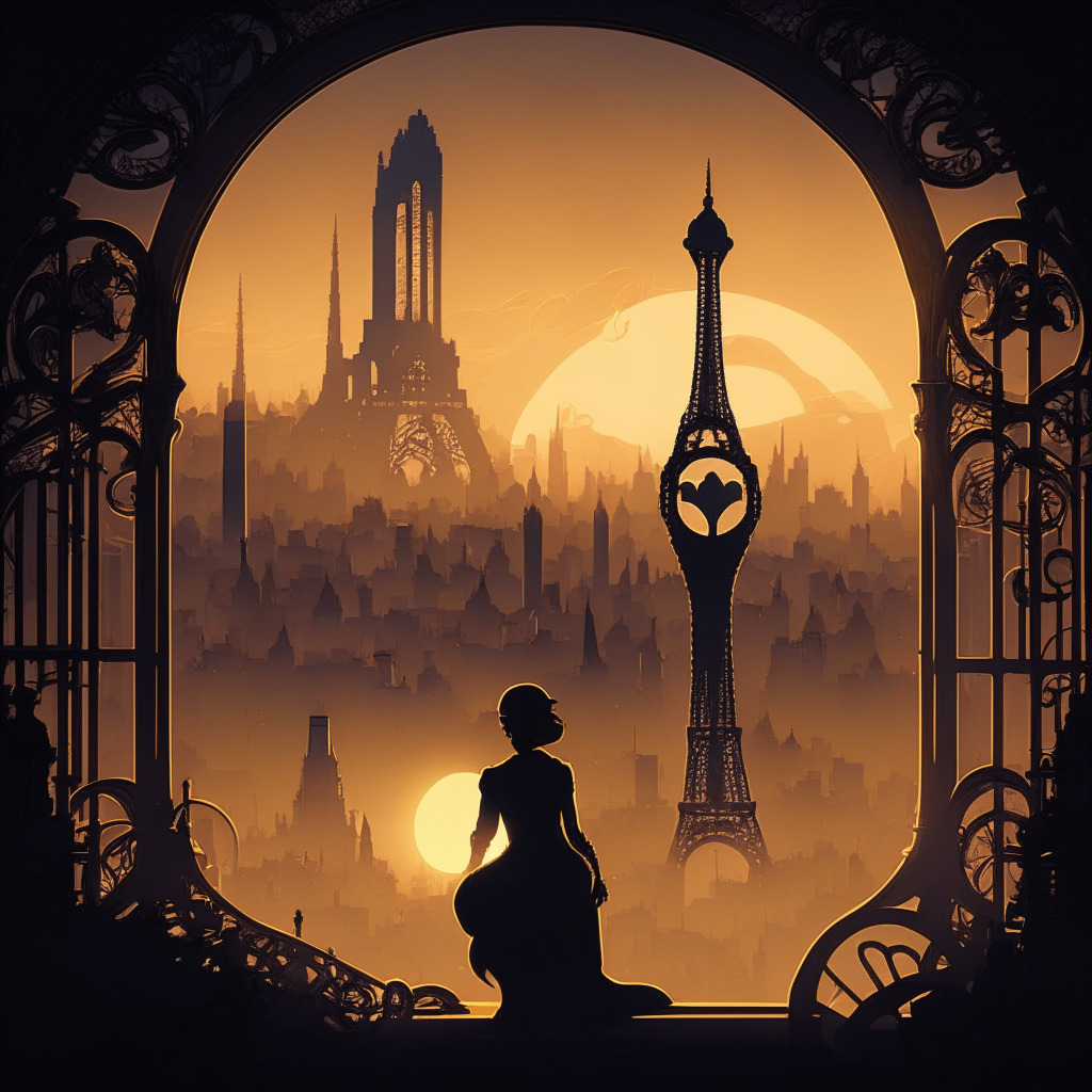 French cityscape at twilight, Art Nouveau style, expressing optimism yet uncertainty. Foreground, a solid structure representing SG Forge, shining brightly. Background, silhouettes of varied heights - Blockchain entities, some shadowy. Central object, a secure, ornate 'golden' key symbolizes cryptocurrency license. Somber and anticipatory mood, delicate play of light and shadow.