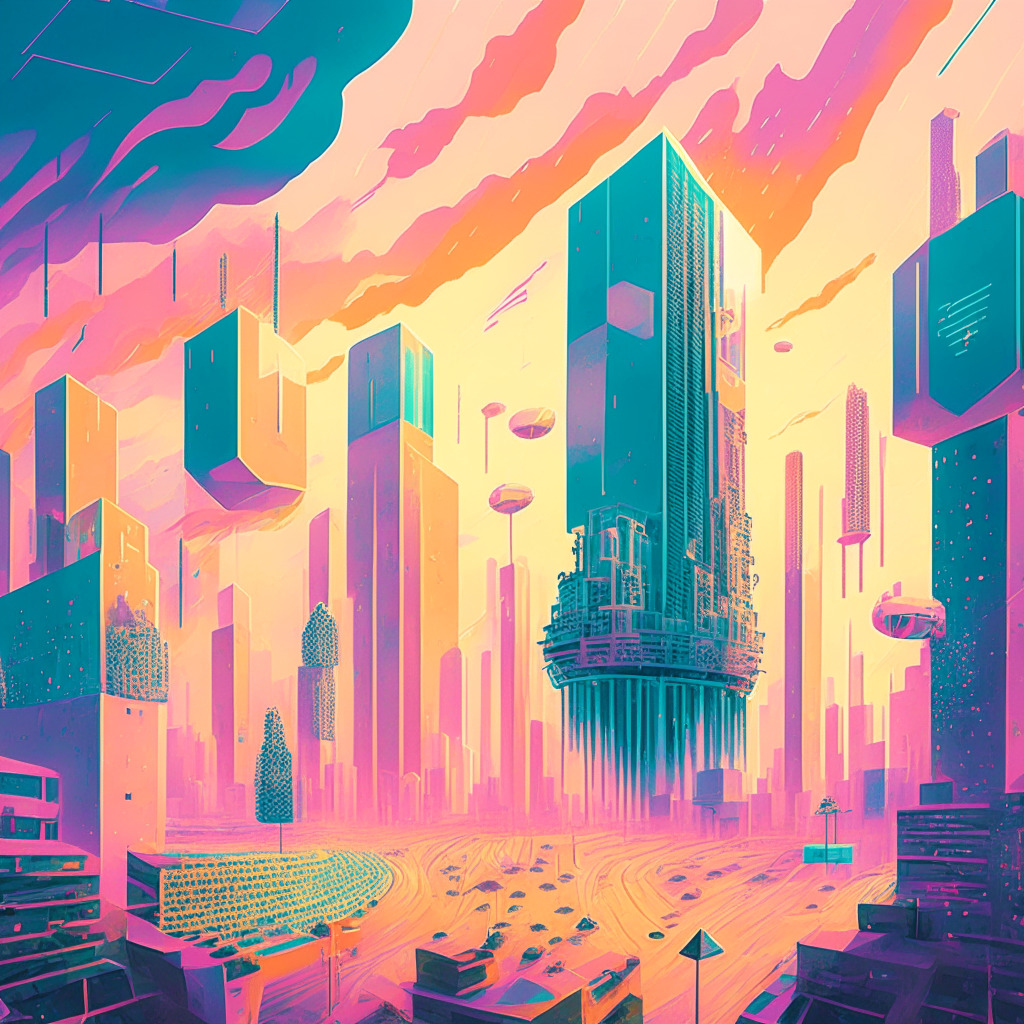 A surreal image of modern Israel fused with cyberspace, capturing the spirit of its exploration into regulating Decentralized Autonomous Organizations (DAOs). Pastel colors representing the new dawn of regulation, digitally stylized buildings symbolize economic growth. Shimmering crypto-tokens rain down, hinting at an economy running on blockchain. The overall mood is one of optimism and progress, under a dawn sky symbolic of a new era.