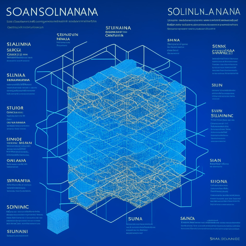 Digital representation of the Solana framework enveloped in ultramarine hues; circuitry underpinnings dancing with staking SOL tokens. Middle shows Marinade Finance, sturdily architected, radiating luminous ropes of advanced security. Style: Cubist, Mood: Novel innovation. Foreground boasts proudly an index of dominant, performance-proven validators in dynamic motion, eschewing risk. Background: Deep, enigmatic markets looming, symbolize institutional potential.
