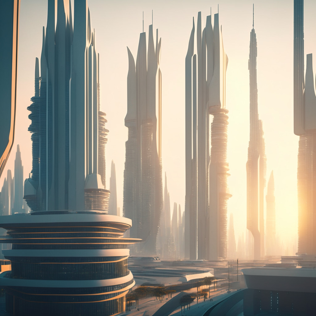 A futuristic cityscape at dawn, bathed in soft, cool-hued morning light. The panorama is composed of decentralized finance architecture meshing with traditional finance buildings, demonstrating a harmonious balance. In the foreground, a sturdy platform stands, embodying Paradex's hybrid approach. The overall tone is hopeful yet cautious. The style has echoes of a modernist painting, intriguing and reflecting the shift in technology and paradigms. The mood is anticipative and revolution-driven.