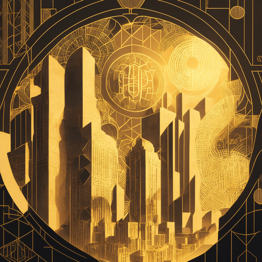 Art Nouveau-style digital financial landscape with abstract geometric patterns, depicting Bitcoin and Ethereum as stable celestial bodies, illuminated under golden hour light. AVAX and SOL posed as withdrawing elements. Disquiet shadows hint at looming U.S. inflation figures, and farther, a dimly lit semi-shadowed SEC building. Subtly incorporate a world map marked discreetly with 15 spots, depicting the proliferation of digital currencies. Mood: Ambivalent, teetering between stability and uncertainty.