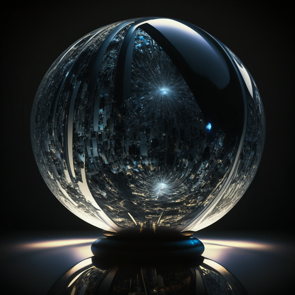An intricately detailed orb, the size of a bowling ball, shining with digital luminescence under low, futuristic lighting. It's scanning an iris, radiating a sense of dystopian uncertainty yet filled with a promise of futuristic wealth equality. Artistic style mirrors German Expressionism, reflecting deep shadows and high contrasts to emphasize the mood of anxious anticipation.