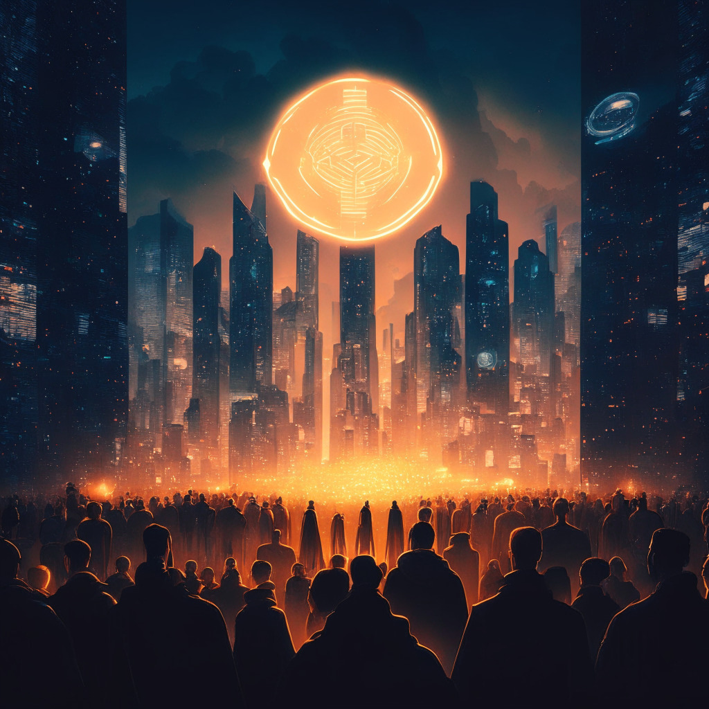 Depict a futuristic cityscape bathed in the twilight glow, hinting at the mysterious world of cryptocurrency. The main attraction is a glowing, hovering WLD Token, emanating a sense of charisma and intrigue. A crowd of diverse people, symbolizing decentralization, gathers around it, their faces illuminated with anticipation and curiosity. The mood is tense yet hopeful, indicative of the unknown digital realm. Integrate a subtly visible chain, symbolizing blockchain technology. The style should be surreal, blending the familiar with the ambiguous.