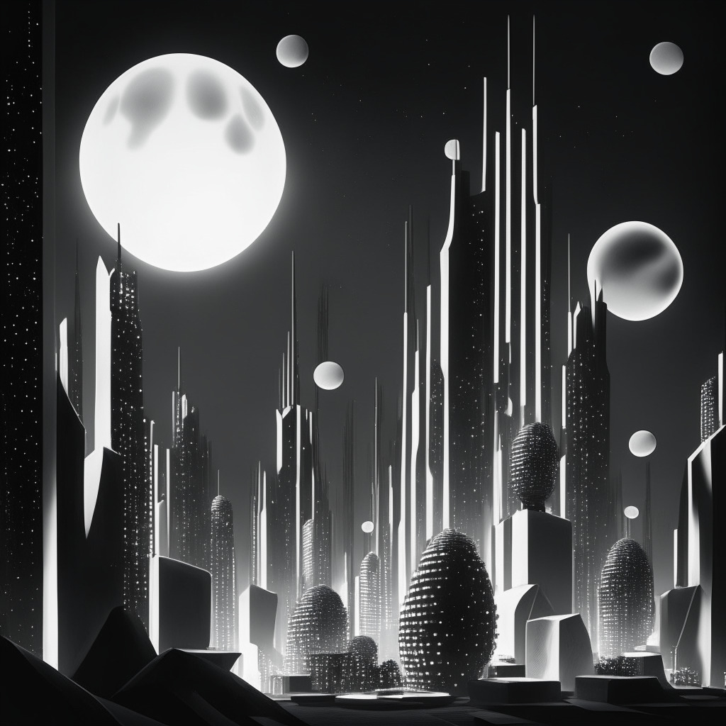 A futuristic cityscape under moonlight, containing abstract depiction of high-tech data towers representing 448 billion valuation. Monochrome, harsh shadows suggest uncertainty, security challenges. Integrate glowing orbs representing NFTs, Ethereum. Emphasize cool metropolis vibe for thriving crypto-industry, caution with grey tones for insurance concerns.