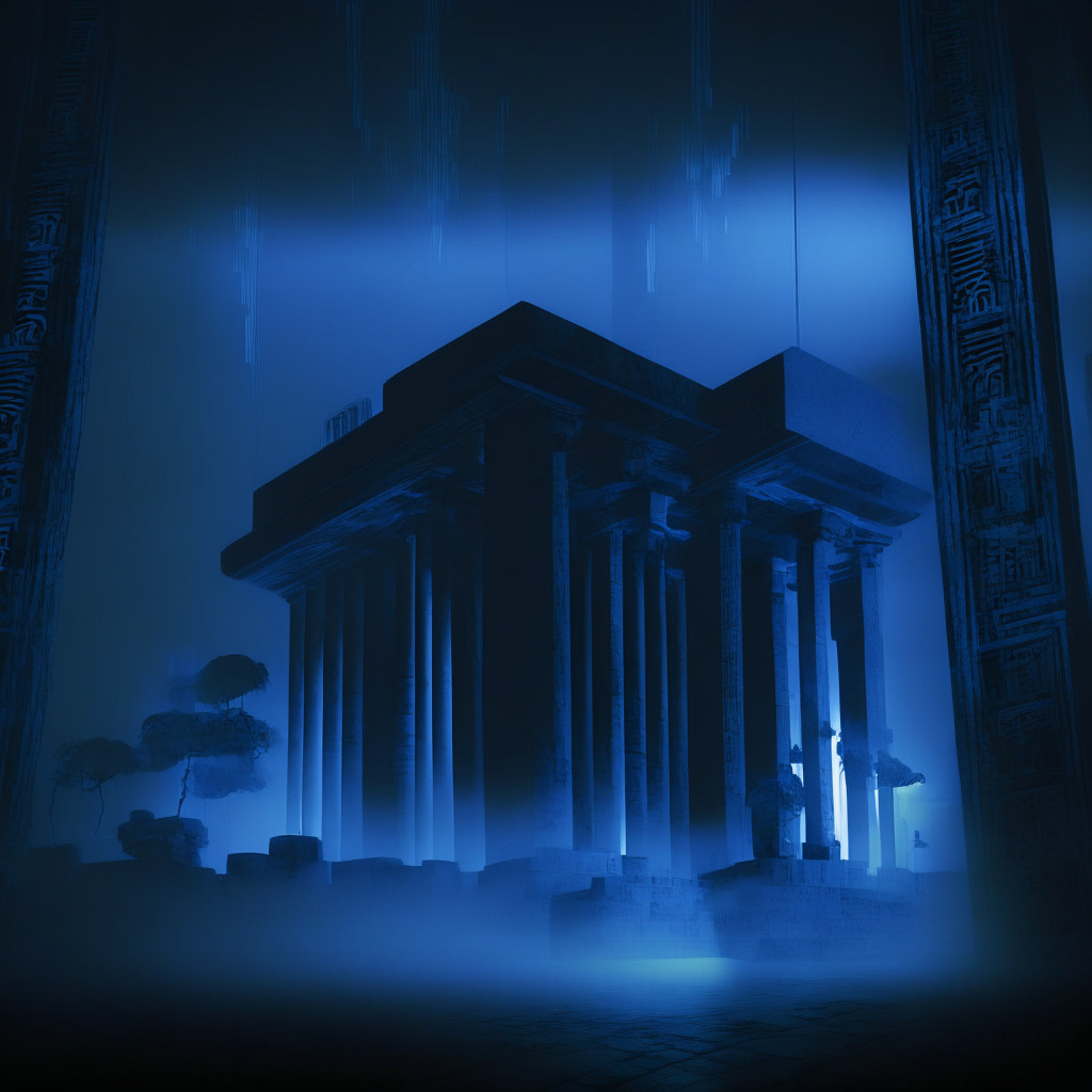 Conceptual art scene with abstract portrayal of a central bank in Brazil, digital strings attached to individual digital currency wallets, highlighting potential financial control, The settings suggest dusk, with eerie low blue light and foggy ambiance, Art style leans towards the noir, Using dark shadows, light, and moody tones to evoke a sense of mystery, unease and foreboding, A spotlight on an isolated digital wallet symbolizes the intrusion of surveillance.