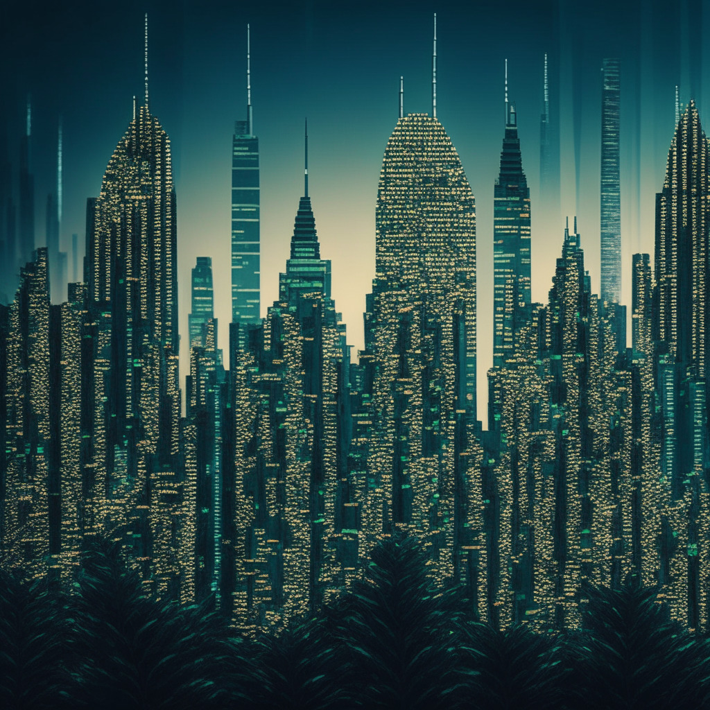 A New York City skyline at dusk, with digital waves seamlessly weaving through the skyscrapers. Buildings are subtly engraved with binary codes hinting at cryptocurrency. In the foreground, a sturdy, majestic fir tree stands resolute, its foliage vibrant with stylized coins reminiscent of diverse digital assets. The mood is intriguing, edged with a hint of suspense, portraying the calculated yet bold venture of turning crypto turmoil into opportunities.