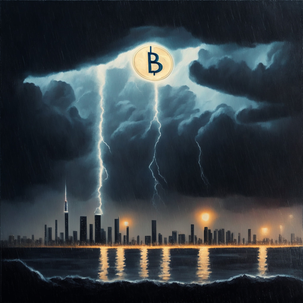 A retrospective, noir-style painting depicting the UAE skyline under a stormy sky and Bitcoin symbol glowing on the horizon. The scene evokes tension, anticipation and uncertainty, with an aura of the impending Fed decision looming in the backdrop. Brightly lit Rain symbol is shown indicating a promising future in the crypto market under the stormy sky.