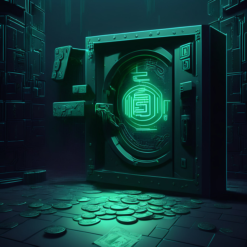 Neo-futuristic depiction of a gaming console unplugged and set aside, conveying Sega's pause in blockchain gaming. The moody, noir-style atmosphere represents the ambiguity of Web3's future in gaming. In contrast, visualize a vault door opening with money and digital coins flowing out, referencing Bitfinex's recovery from a 2016 hack. Then, illustrate a halted construction site to echo the postponement of BarnBridge DAO project. The final image, incorporating bright, optimistic hues should show tools densely interwoven with AI and lightning symbols, symbolic of Bitcoin Lightning Network's new functionalities. A ghosted image of the world map in the backdrop suggests the intention for global inclusivity.