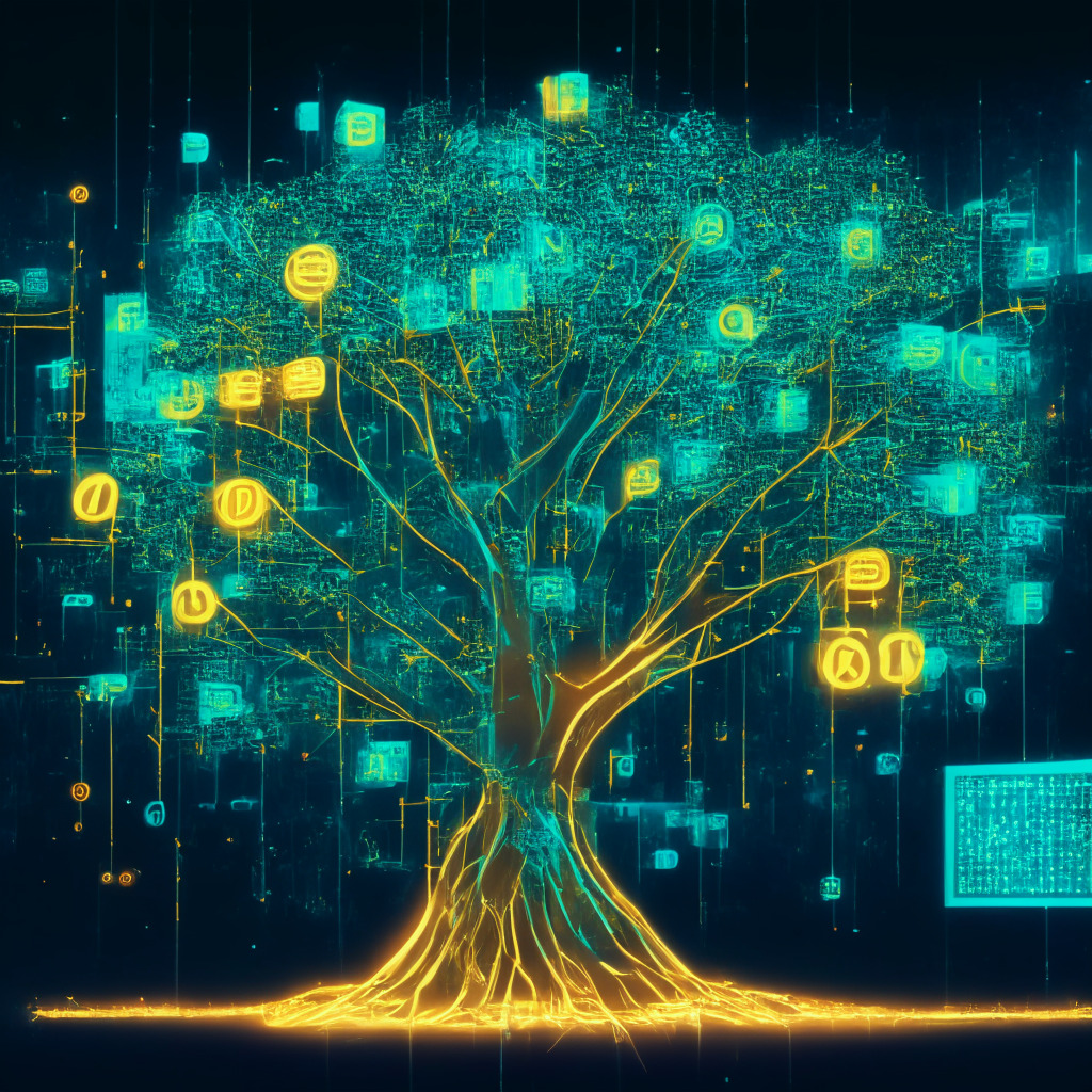 Futuristic scene of a neobank in a digital space, filled with cryptocurrency symbols, overlaid with a semi-transparent regulatory framework. A web3 tech node tree spreading its branches towards an integration panel of fiat and crypto services. Incorporate an impressionist art style, under a luminary light setting depicting uncertainty with glimmers of anticipation.