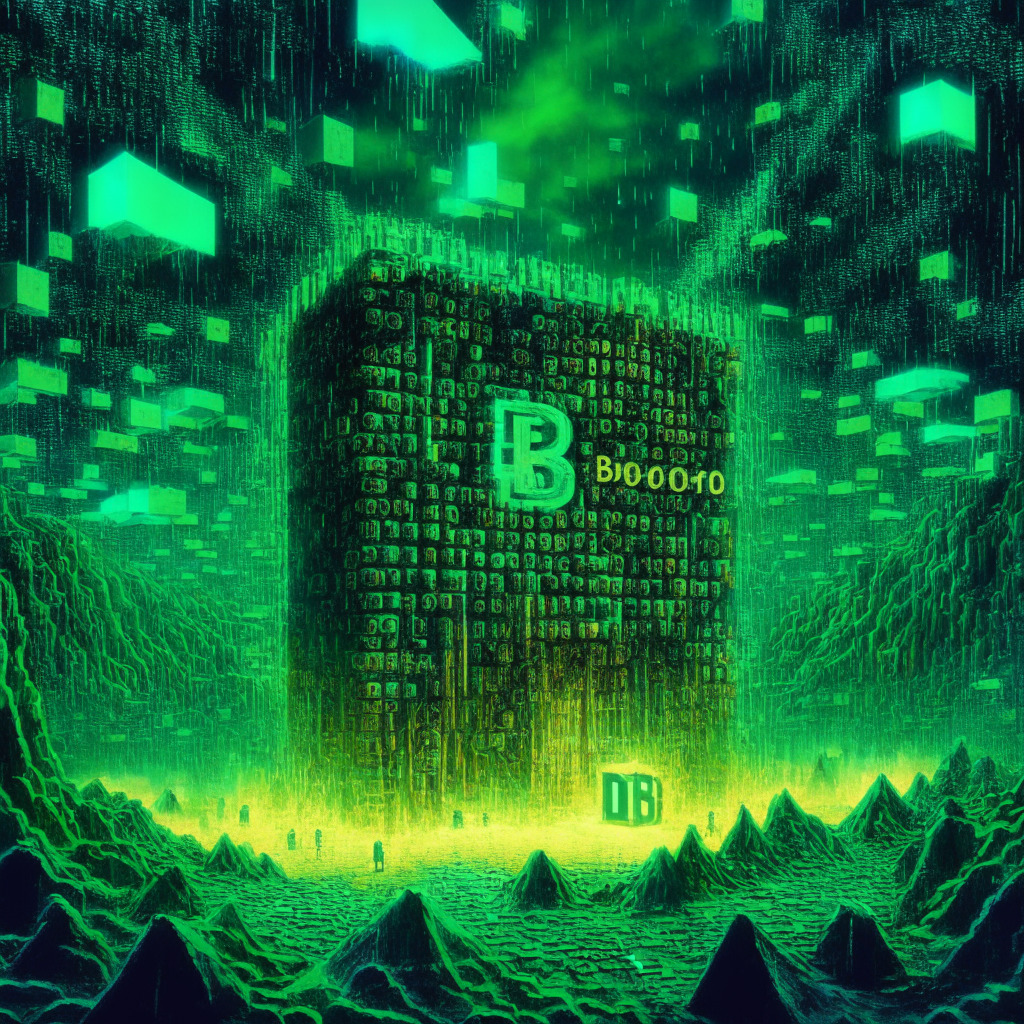 Artistic representation of 800,000th Bitcoin block being mined. The scene embodies a surreal cybernetic landscape under a glowing matrix-green sky, binary code raining down. A colossal, diamond-cut block, embedded with detailed circuitry, sits solemnly in this intangible realm, symbolizing the digital currency's triumph. The image captures a complex interplay of light and shadow, evoking a mood of anticipation and perplexity reflecting on Bitcoin's challenging journey and the uncertainties that lie ahead. No logos or brands.