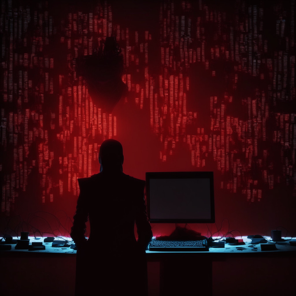 Dystopian cyber noir scene, a figure, resembling a lawyer, enshrouded in shadows at a dimly lit computer terminal, manipulated puppet strings falling from his hands. Hints of ominous red glow, visual metaphor for hacking, a scattered pile of XRP coins glowing eerily, hinting at theft. Clever, malicious-looking shadowy figures in the background. Sinister, unsettling mood.