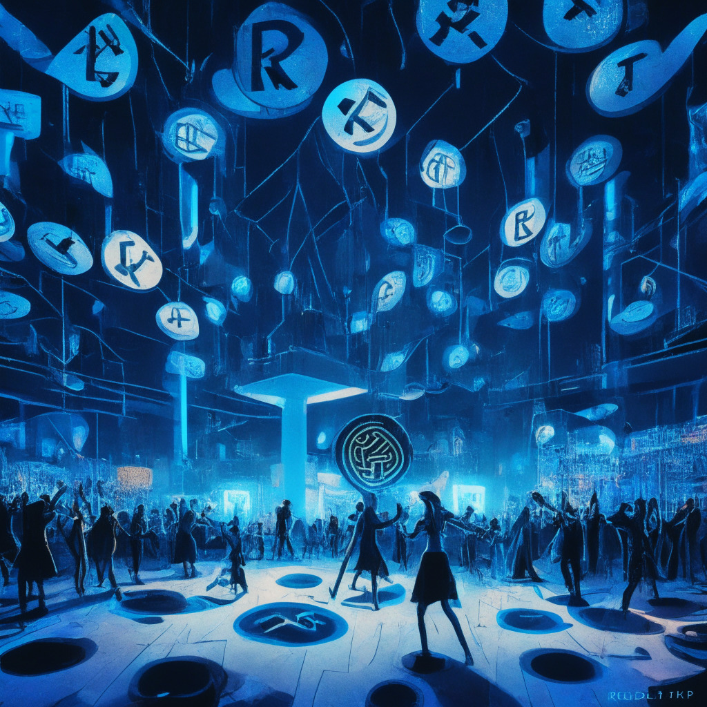 A nighttime scene at a bustling digital marketplace, depicted in modern surrealism style. Heavily influenced by cyberpunk aesthetics, the floor is covered in shifting patterns of abstract cryptocurrency symbols, predominantly XRP. Center stage dominates a grand gavel suspended mid-air, casting a soft ethereal glow that illuminates the scene, symbolizing the recent court verdict. The mood is tense yet hopeful, mirroring the cautious optimism in the crypto realm following potential XRP relisting. An image that portrays nuances and scepticism of the cryptoverse.