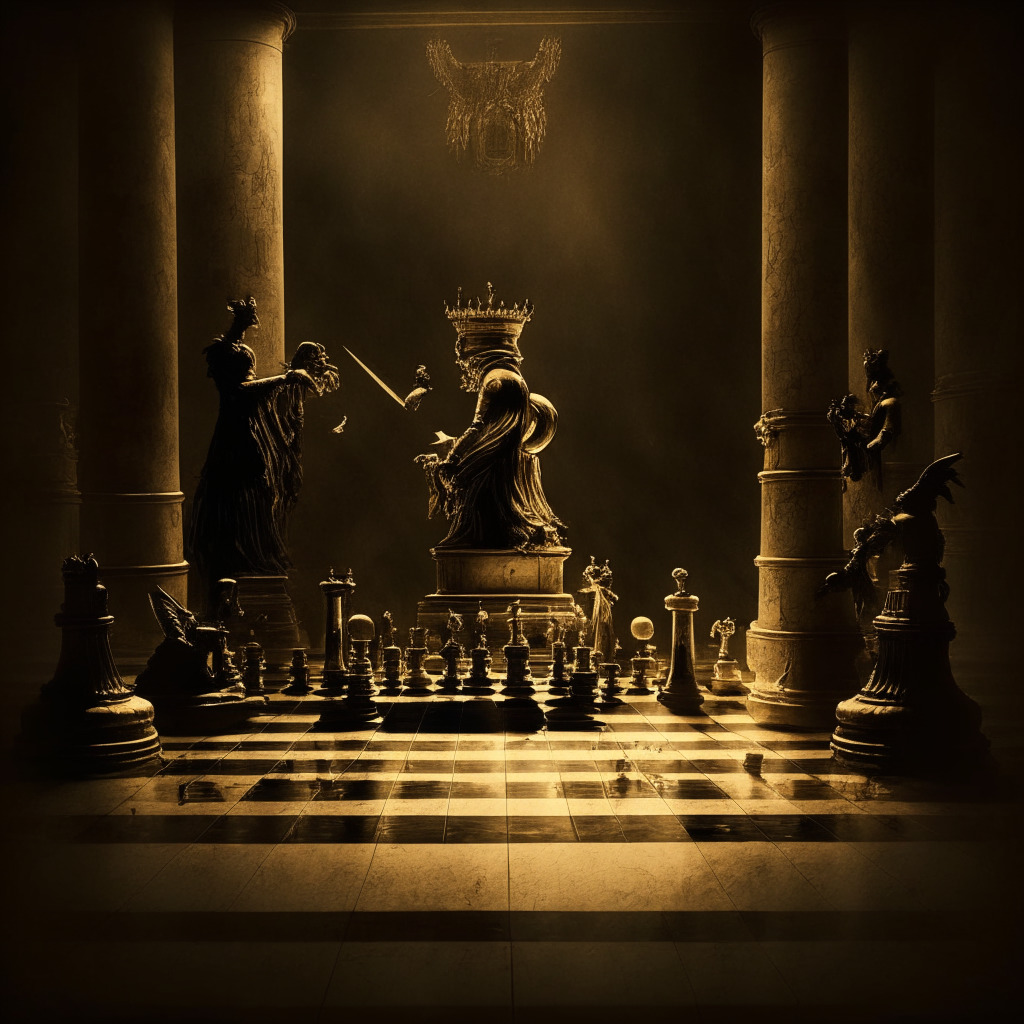 Vintage-style visualization of a symbolic chess match, certain pieces represented by golden coins and guarded by a Valkyrie, versus fortress-like institutions on a dimly lit playing field, while a judge waits in the shadows, watching. The mood is anticipatory, tense, teetering on the edge of change.