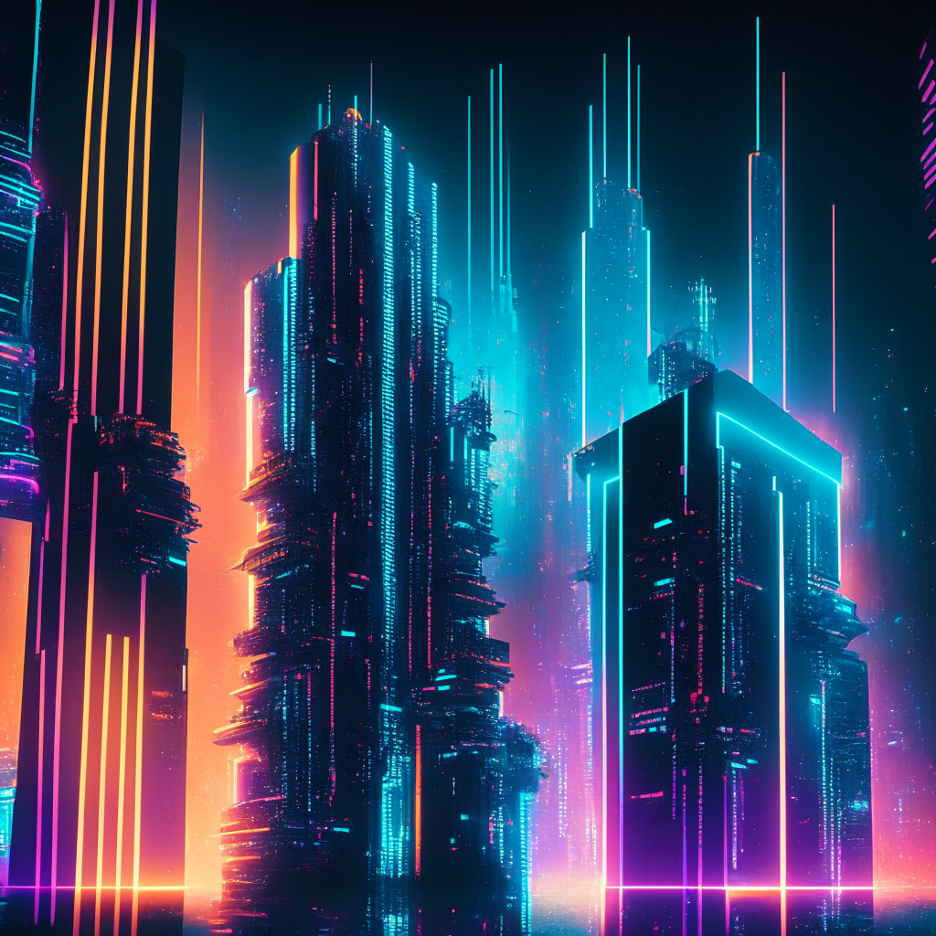 A futuristic cityscape bathed in neon lights reflecting off the glass facade of soaring skyscrapers, representing crypto enterprises of significant magnitude. Central to the scene, Futureverse and RISC Zero, symbolized as gleaming towers of light. Abstract representations of zero-knowledge technologies emerge from these structures, showcasing innovation amidst a chilled atmosphere. The ambience, luminescent yet slightly ominous, captures the beauty and volatility of the crypto realm. Art style: Cyberpunk.
