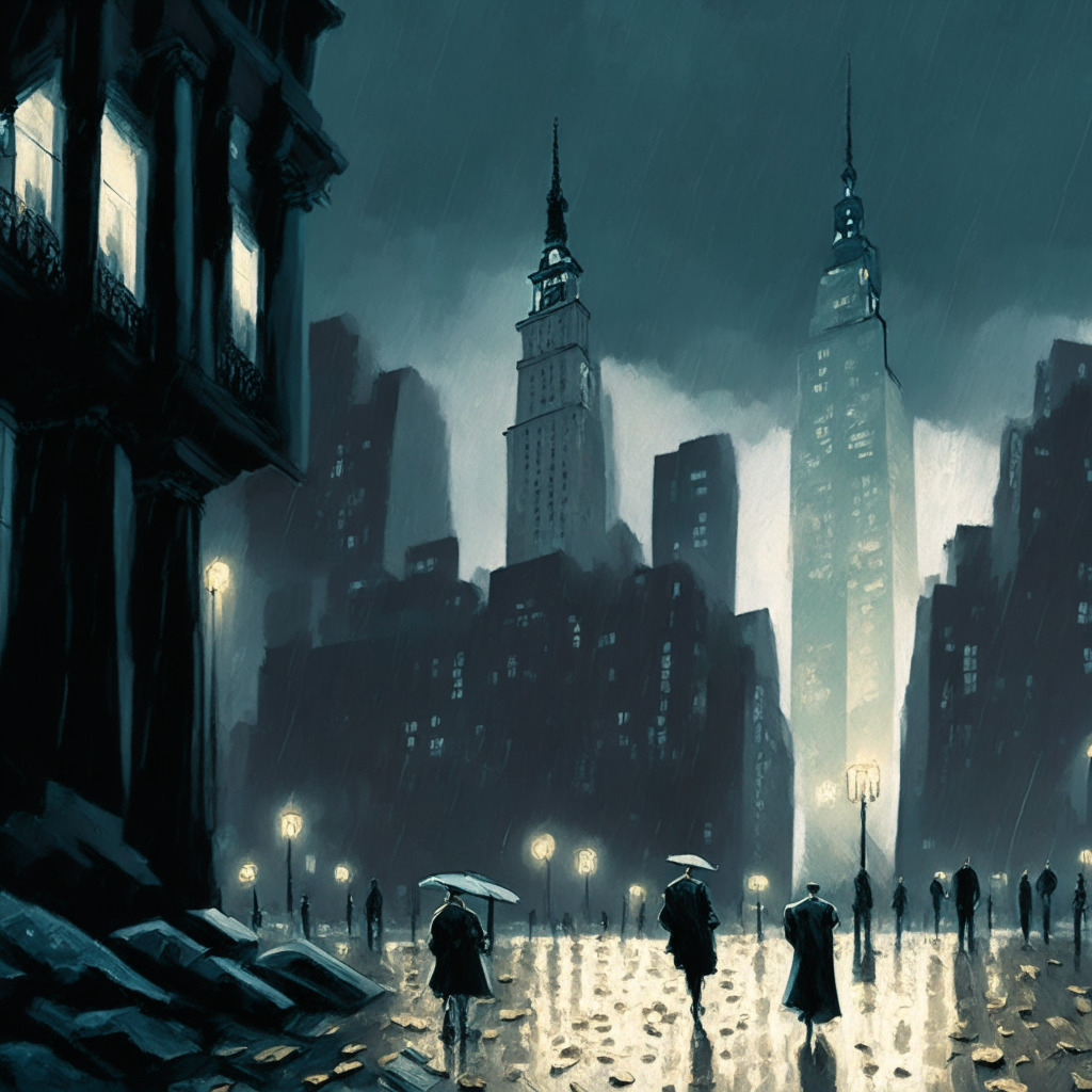A late evening cityscape view of Wall Street under an overcast sky, hinting at economic uncertainty, translucent Bitcoin and other crypto coins scattered across a stone pavement like fallen leaves. In the background, investors shuffling through with cautionary demeanor, a gloomy yet hopeful atmosphere. In the distance, a faint lighthouse, symbolizing potential opportunism and upcoming recovery. Painted in a style suggestive of Edward Hopper's urban realism, intensifying the emotive context.