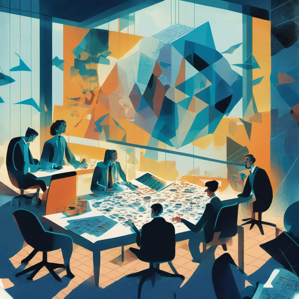 An abstract scene of people discussing crypto strategies in a futuristic conference room, painted in cubist style, Natural evening light streaming through the windows, with papers scattered around showing charts and graphs, creating a mood of intrigue, risk, opportunity. Dice on the table symbolizing calculated risk, Reference to whales, airdrops, and ICOs subtly integrated, a balancing scale in the corner hinting at evolving regulations.