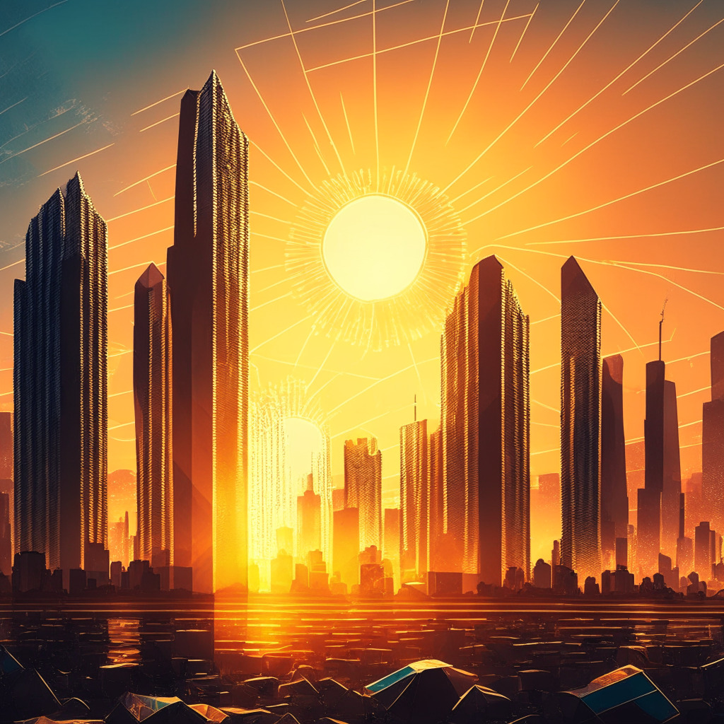 An inspiring sunset over a digitally-rendered cityscape, highlighting tall geometric buildings symbolizing various cryptocurrencies - XRP, Cardano, Solana, Polygon. Ripple, the largest of them all, gleams brightly under golden hour rays, showcasing its recent grand victory in the court. Minor elements suggestive of bullish and positive market trends scatter throughout. The overall mood should encapsulate optimism yet an air of uncertainty permeates the scene, embodied by a mysterious labyrinth in the background, hinting at the complexities of future crypto regulations. An impressionistic art style gives the scene a dreamy effect.