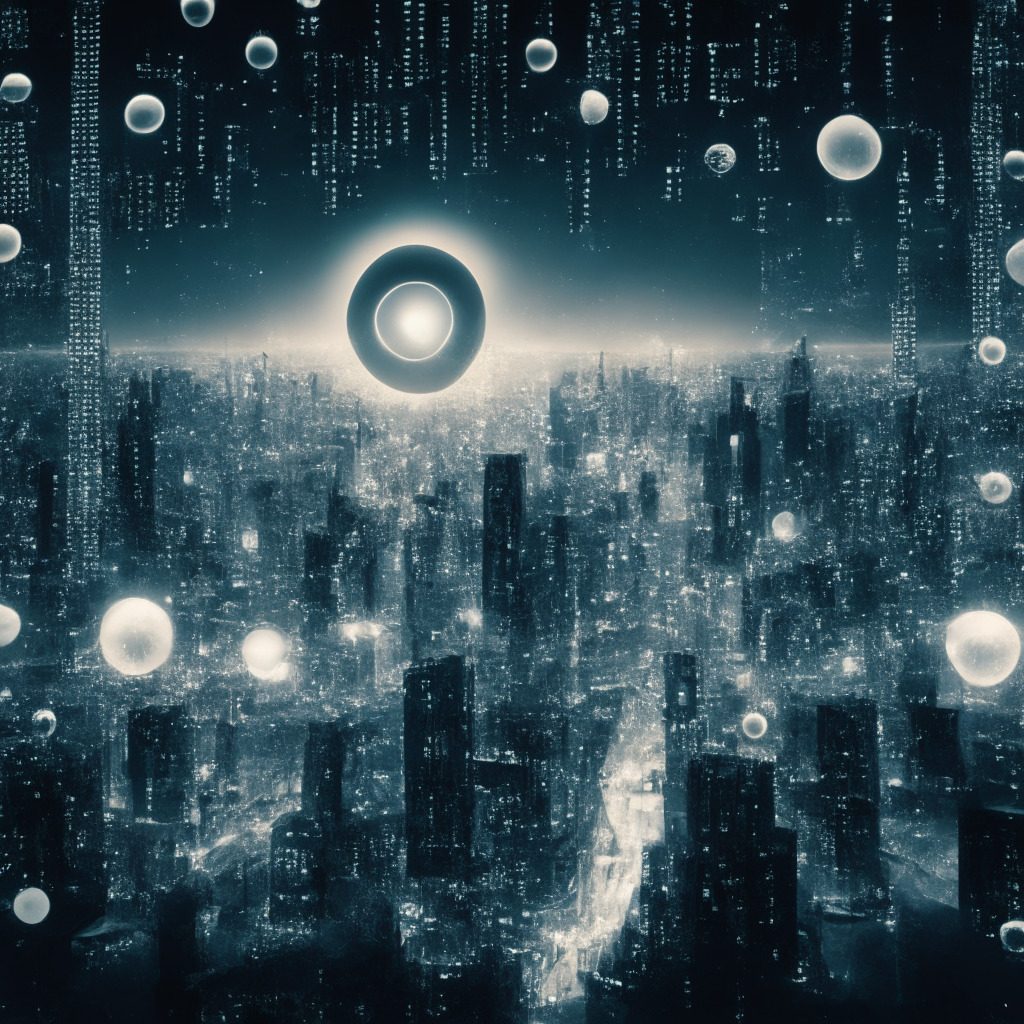 A futuristic cityscape lit by soft moonlight, with high-tech devices floating like orbs in the air, juxtaposed with an image of a digitally rendered human eye densely embedded with encryption symbols. The city, filled with dense blocks, symbolizes centralization, and the gleaming orbs signify decentralized crypto systems. The image is set in stark monochromes to evoke tension and uncertainty.