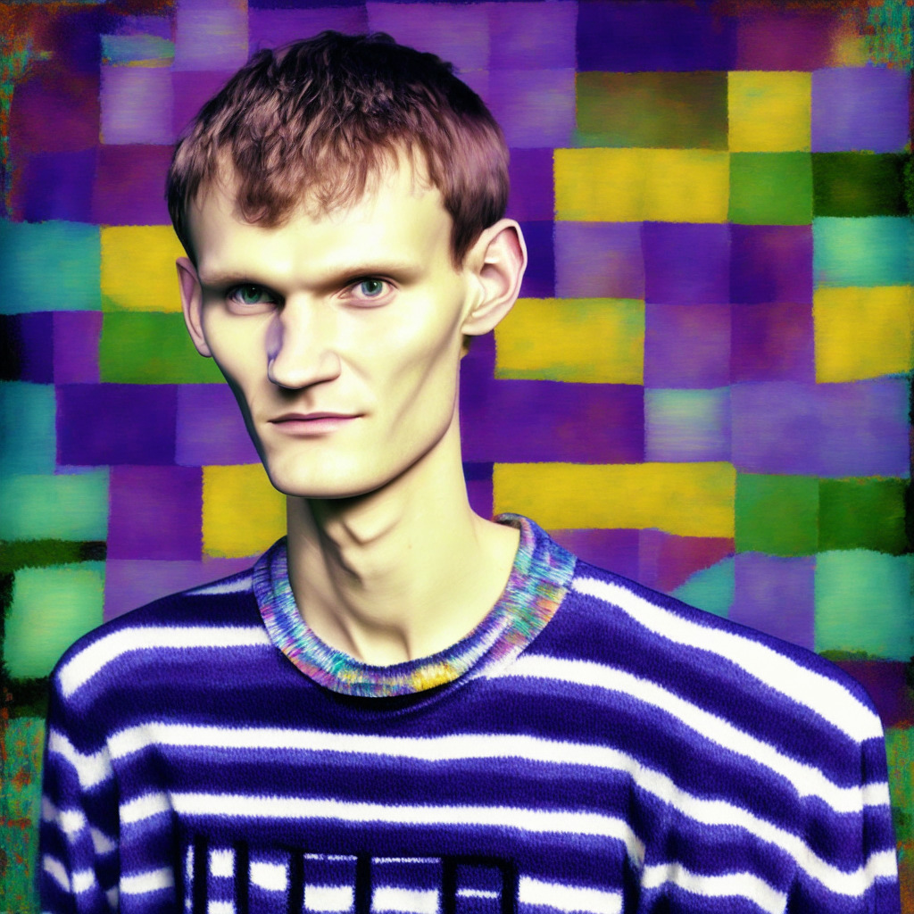 A digital representation of Ethereum co-founder Vitalik Buterin's 2014 NFT sold portrait, dressed in a casual striped shirt borrowed from Canadian photographer, imbued with a soft, nostalgic glow, hints at a transformation. Interposed are vibrant, lively elements from the vibrant 'World of Neopets', echoing a shift in gaming. Overlaying the scene, visible staked Ether tokens and a gavel, casting an ominous shadow, hint at the controversial delisting. Provoking the mood of change, excitement, and uncertainty in the evolving world of crypto. Rendered in an impressionistic style.