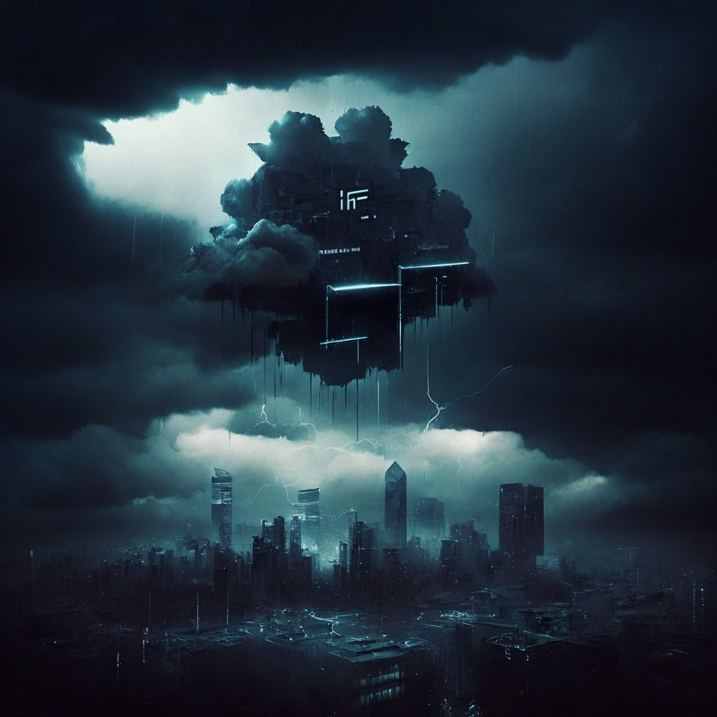 A dark, stormy cloud hovering ominously over a futuristic cityscape representing the DeFi space. Below, a malfunctioned lock labeled '0.2.15', '0.2.16', and '0.3.0' cracks open, revealing a glowing vulnerability. A stream of digital assets drains from it symbolizing losses, while auditors rush towards it, their eyes glowing with resolve. Render the scene in cyberpunk style, with dim artificial lights punctuating the gloom, reflecting a mood of urgent concern.