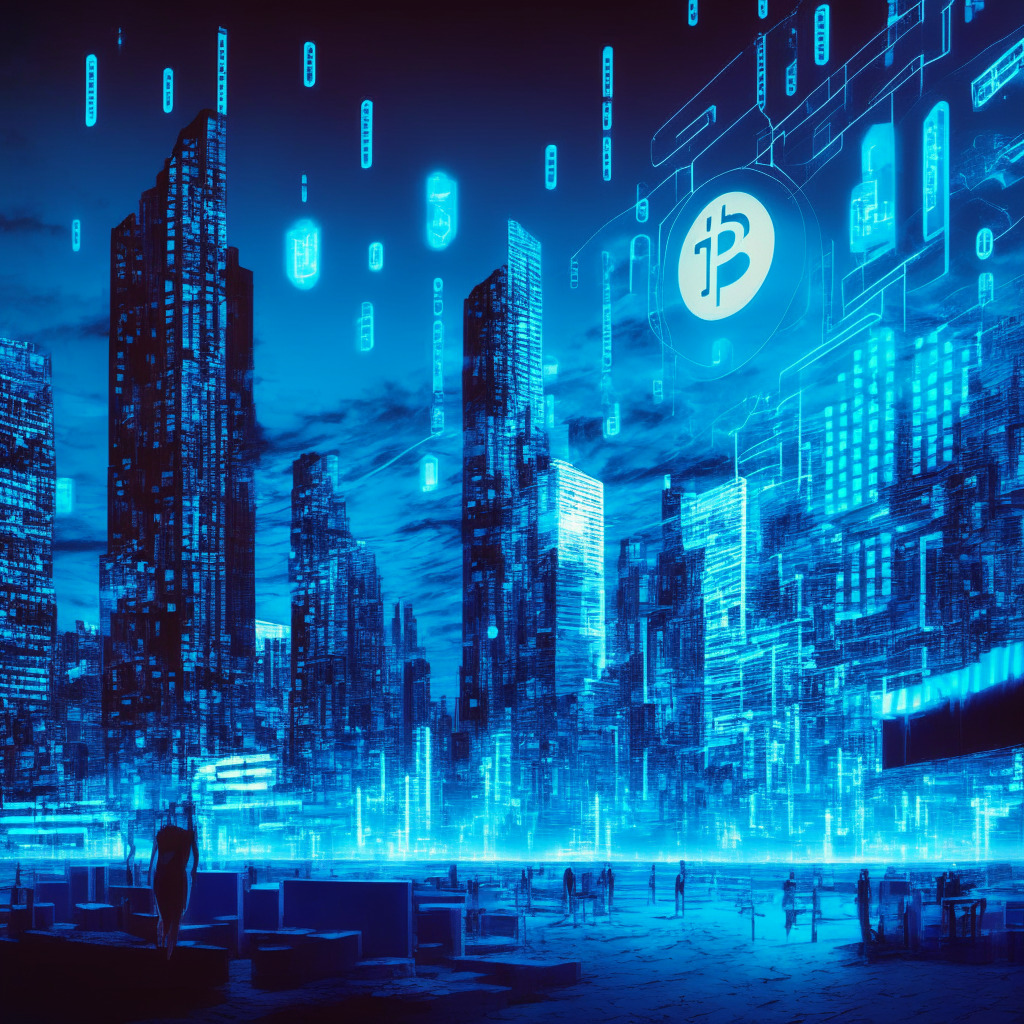 A futuristic urban landscape under a cipher sky, illuminated by neon blue hues. In the foreground, an abstract representation of a digital wallet, glowing with cryptocurrencies icons. A line of retail businesses nearby, some bathed in light embracing the digital change, others hidden in shadows hinting towards regulatory uncertainty. An unsettling chiaroscuro effect symbolizes the two-edged sword dynamic. Artistic style: Futurism meets Impressionism.