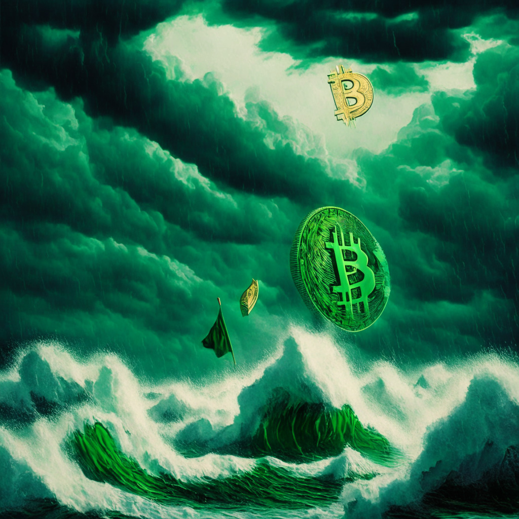 Bitcoin manifestation cloaked by unsettled weather, on tumultuous sea under cloudy skies, riding a 0.5% green wave, triumphant despite the storm of looming inflation data. Artistic hues of uncertainty and resilience, a play of warm and cold light energizes the scene, evoking mood of tense anticipation, emerging with reinforced investor optimism.