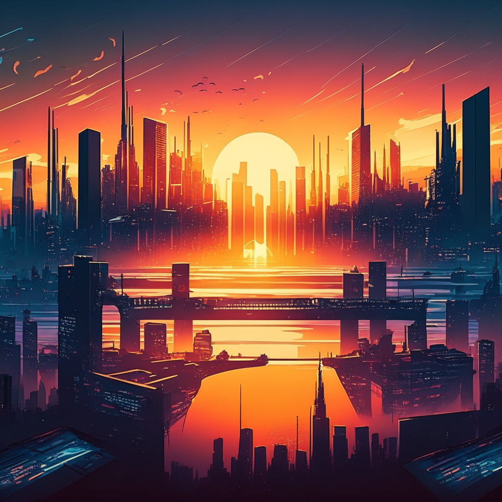 A picturesque, serene sunset over the digital realm, symbolizing the transition of the music industry to a Web3 platform. The artistic style should be modern, vibrant, and dynamic. In the foreground, a thriving metropolis depicting a bustling music industry, while digital bridges connect the high-rises, epitomizing the direct connection between artists and fans. The cityscape emanates an energy of innovation, disruption and transformation, akin to the transformation brought in by the blockchain technology in the global music industry. Prominent landmarks like a music studio, a broadcasting tower, and a stadium should be infused to represent the entertaining side of the industry. Use twilight colors such as deep blues, purples, and a hint of warm orange glow for an evocative, optimistic, and avant-garde mood.