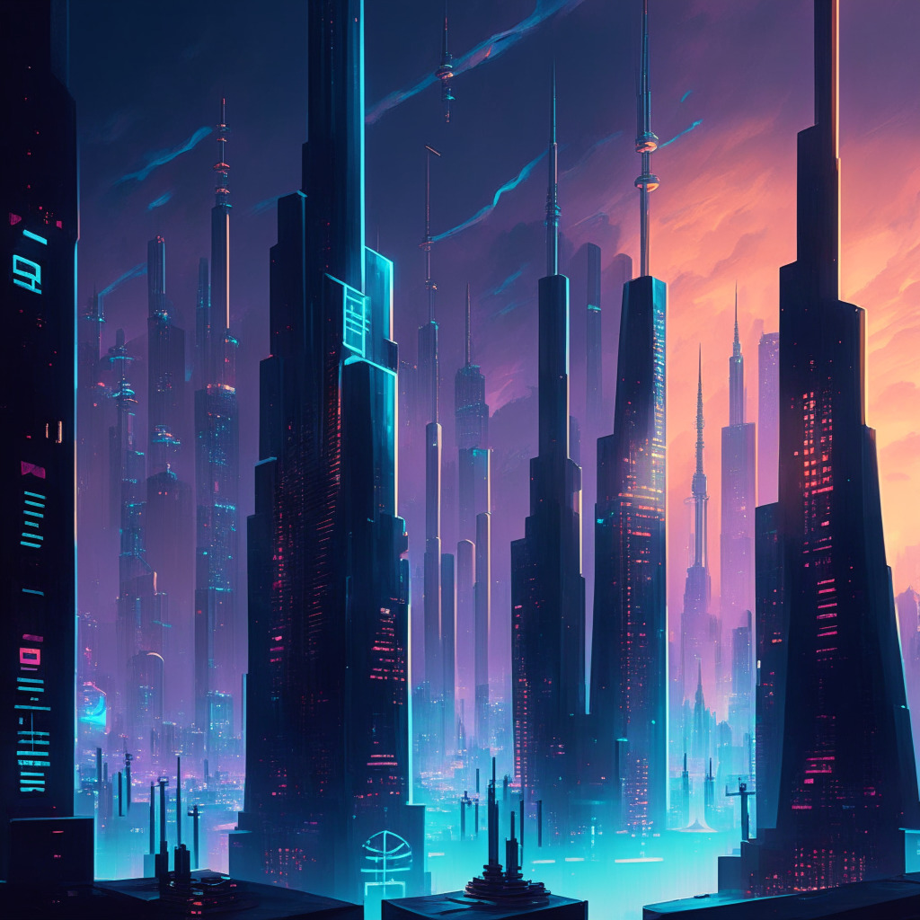 A luminous, futuristic financial metropolis, bathed in the cool glow of dusk. Tall skyscrapers teem with the symbols of digital currencies, floating holographically in the air. In the foreground, symbolic representations of strategic moves, like a chess-game in progress. Different nations' flags subtly incorporated, expressing evolving regulations. Artistic style reminiscent of a cyberpunk world. Mood - a dynamic, vibrant, yet subtly unsettling panorama of unfolding events. A powerful play of light and shadows reflecting the legal twists and turns in the world of crypto.