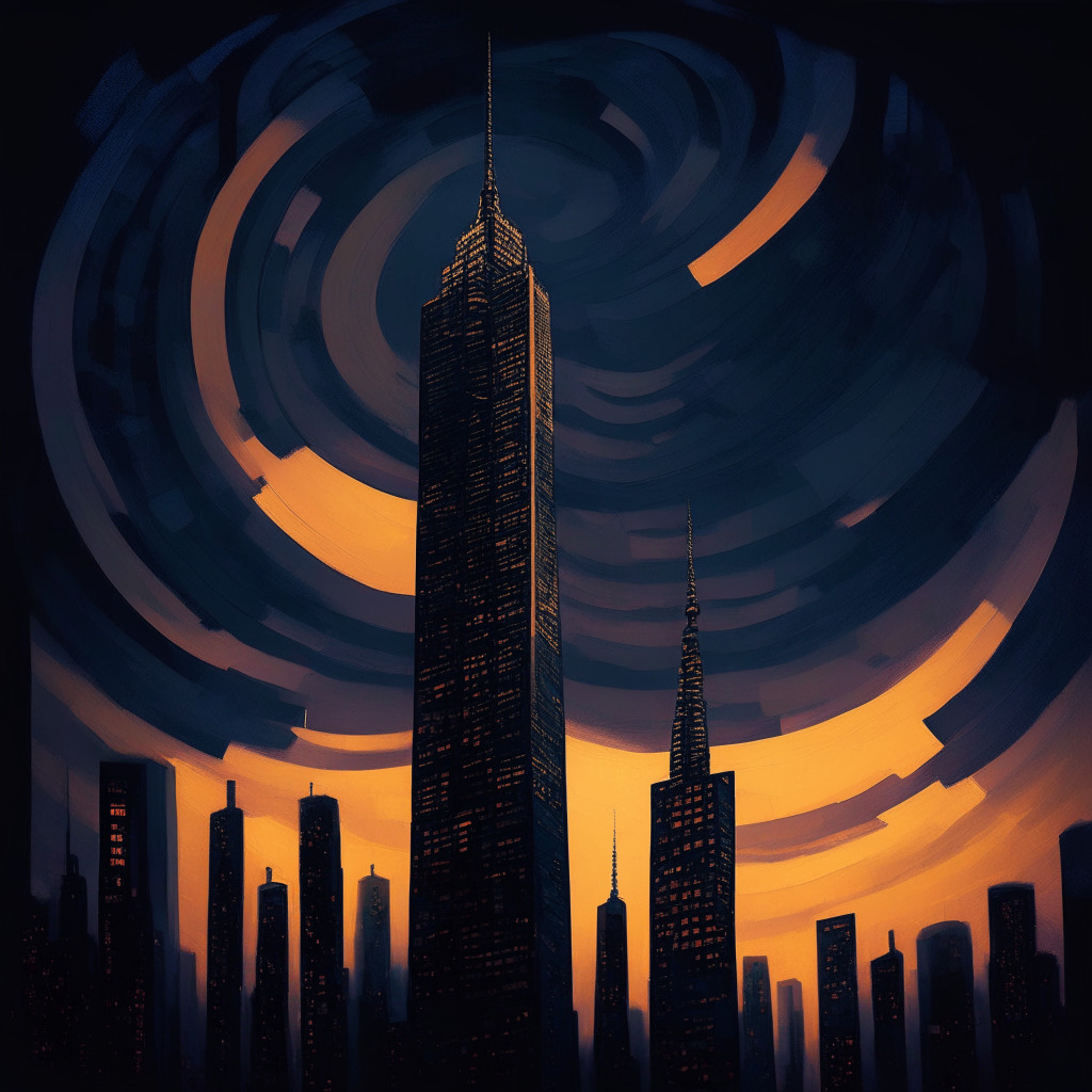 A dusky, abstract cityscape under an expressive twilight sky, imbued with impressionistic hues of uncertainty and anticipation. Punctuated by stylized skyscrapers with fluctuating heights symbolizing Bitcoin's value, a grand, hopeful tower reaches towards $100,000 mark. Dimly lit, complex, Fibonacci spiral patterns hint at market reality and future predictions.