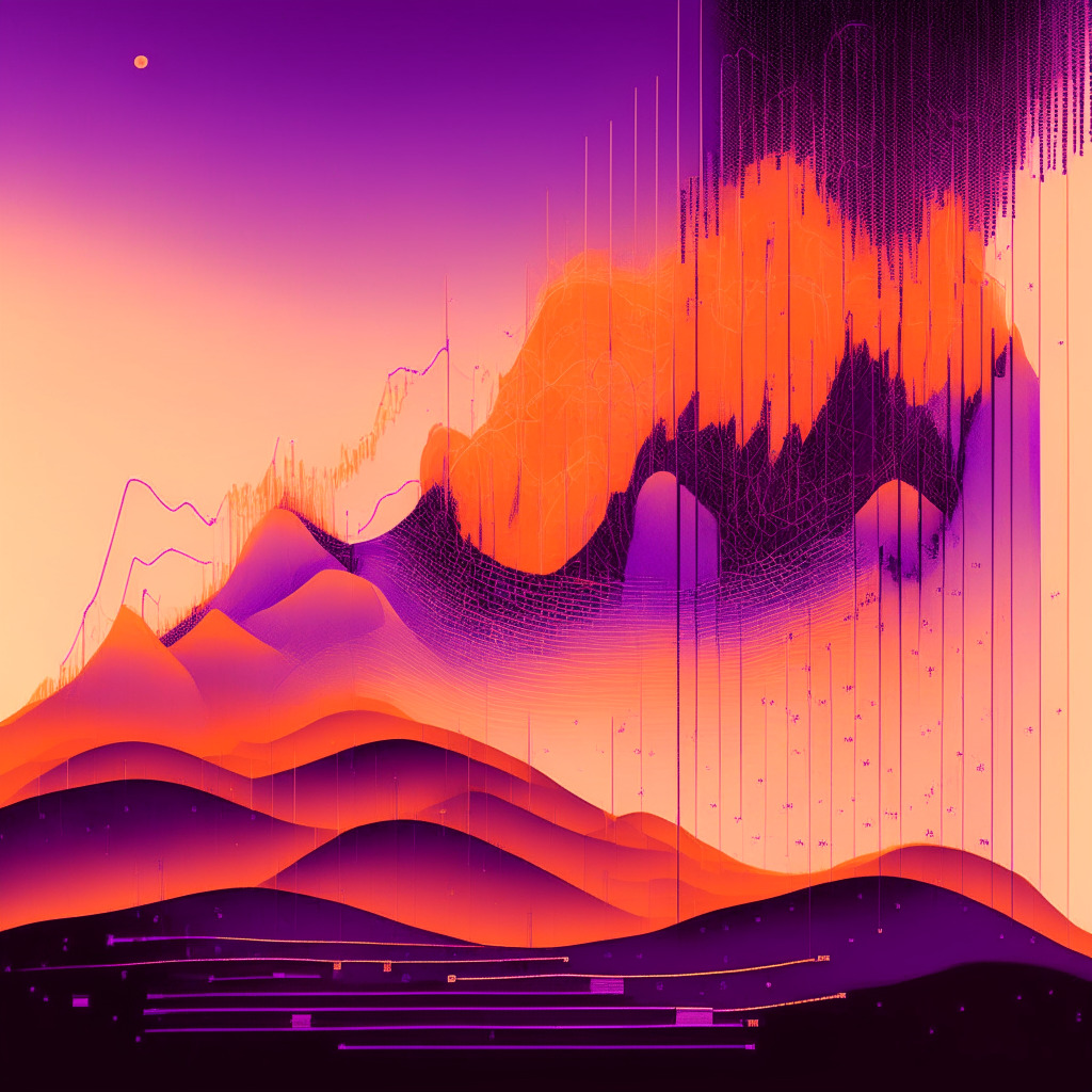 A sunrise peering over a digital landscape, casting soft hues of orange and purple. A trajectory graph carved into the terrain represents internet and crypto adoption over time, with diverse peaks and troughs. It winds from a barren spot, representing 1990, towards a booming metropolis symbolizing the future. In the sky, variations of currency symbols gently float, casting a reflection on a crystal clear river that symbolizes digital transformation. The overall mood is cautiously optimistic, capturing the essence of digital evolution and challenges ahead.