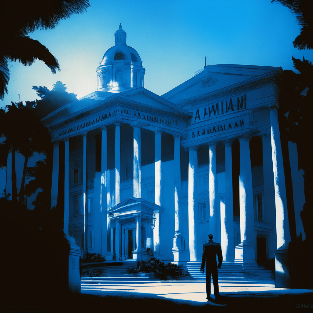 An image of a courthouse in the stark style of realism, bathed in the cool blue light of dawn. A shadowy figure that signifies Sam Bankman-Fried stands at the entrance, triumphant, holding loosely crumpled legal papers, hinting a pivotal legal victory. In the backdrop, a vivid depiction of the Bahamas and the US, symbolizing international treaty impacts. Mood of the scene is suspenseful and victorious.