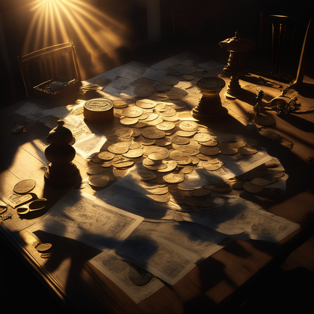 Dramatic late afternoon light casting long shadows over a tense negotiation table with scattered documents, dollar bills, golden Bitcoins and Ether coins. Theme of Renaissance with a chiaroscuro effect, depicting the severity and urgency of debt-repayment. Foreground showing a ticking clock set to July 6th, 2023, echoing the deadline.