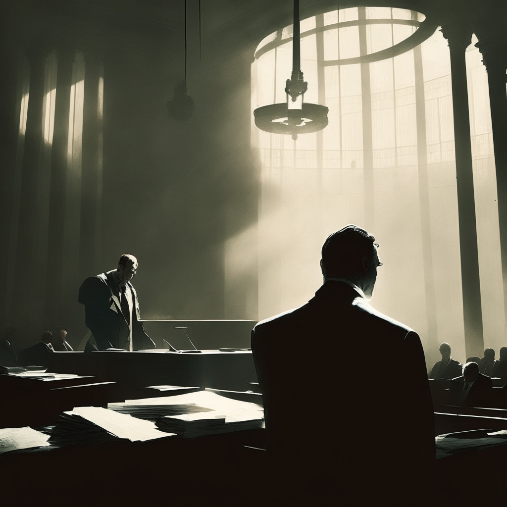 Dramatic courtroom scene bathed in soft, ethereal light. Sam Bankman-Fried, crypto visionary, stands amidst a flurry of legal paperwork, showing a calm resolve. Dominating the backdrop, the striking symbol of the Department of Justice looms, symbolizing the intense scrutiny on him. Accusations float around him, some fading, conveying the withdrawn charges. Overall, create a mood of suspense and anticipation, using a chiaroscuro style of lighting to accentuate the unfolding legal saga.