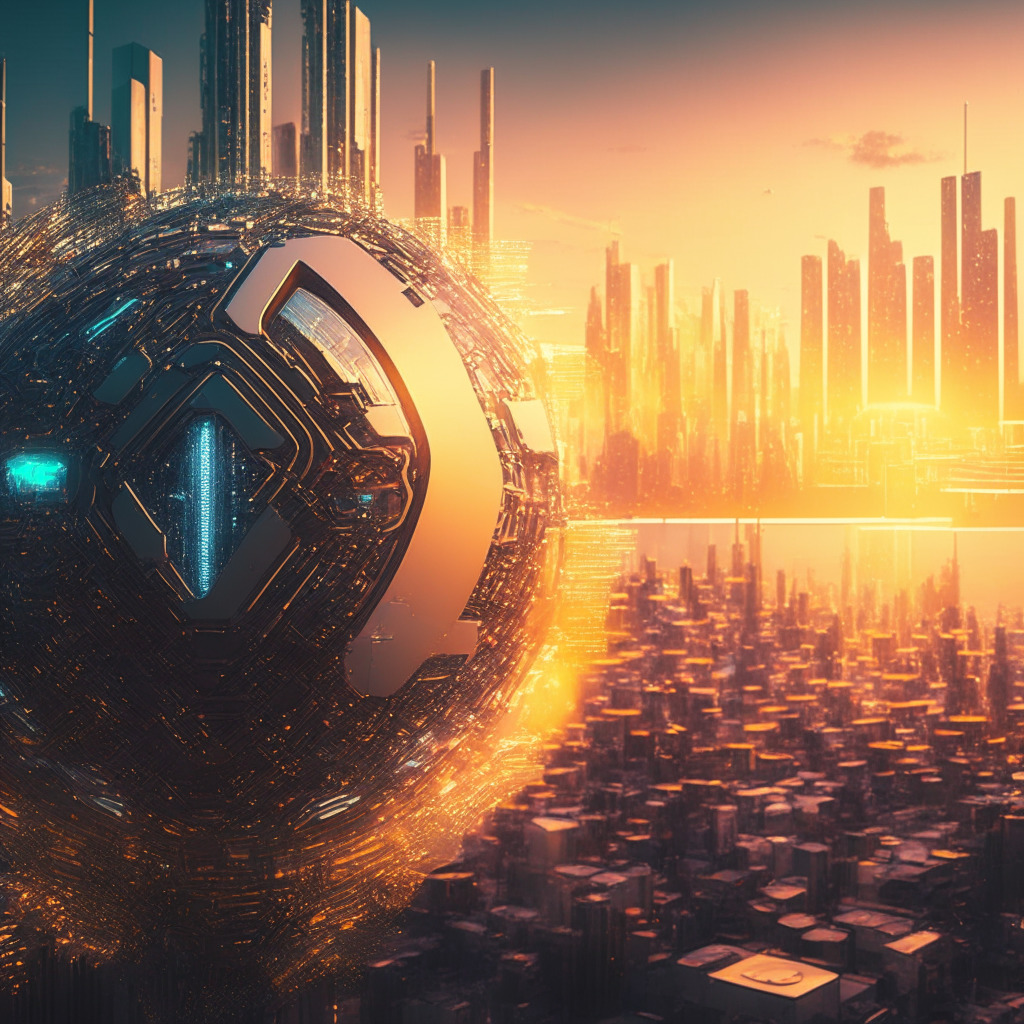 A futuristic digital cityscape, mixing blockchain and biometric technology elements, glowing under the ethereal light of the setting sun, heavy with a touch of apprehension. Detailed elements include a series of iris scans floating over metallic blockchain structures, a tug of war image representing the struggle between privacy concerns and technological advancements.