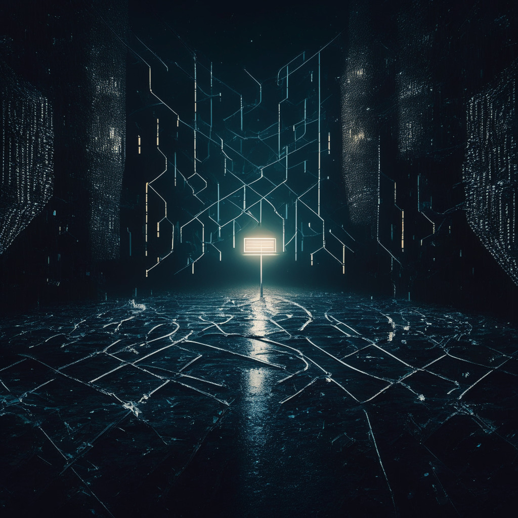 A dark, ambiguous image of a crossroad, bathed in subtle midnight moonlight. A web of blockchain structures glowing with ethereal light standing on one path, and the other path marked by dense shadows of question marks. Capturing the intrigue and tension between excitement and caution in cryptocurrency regulation, with a swirling mix of dystopian and cyberpunk aesthetics.