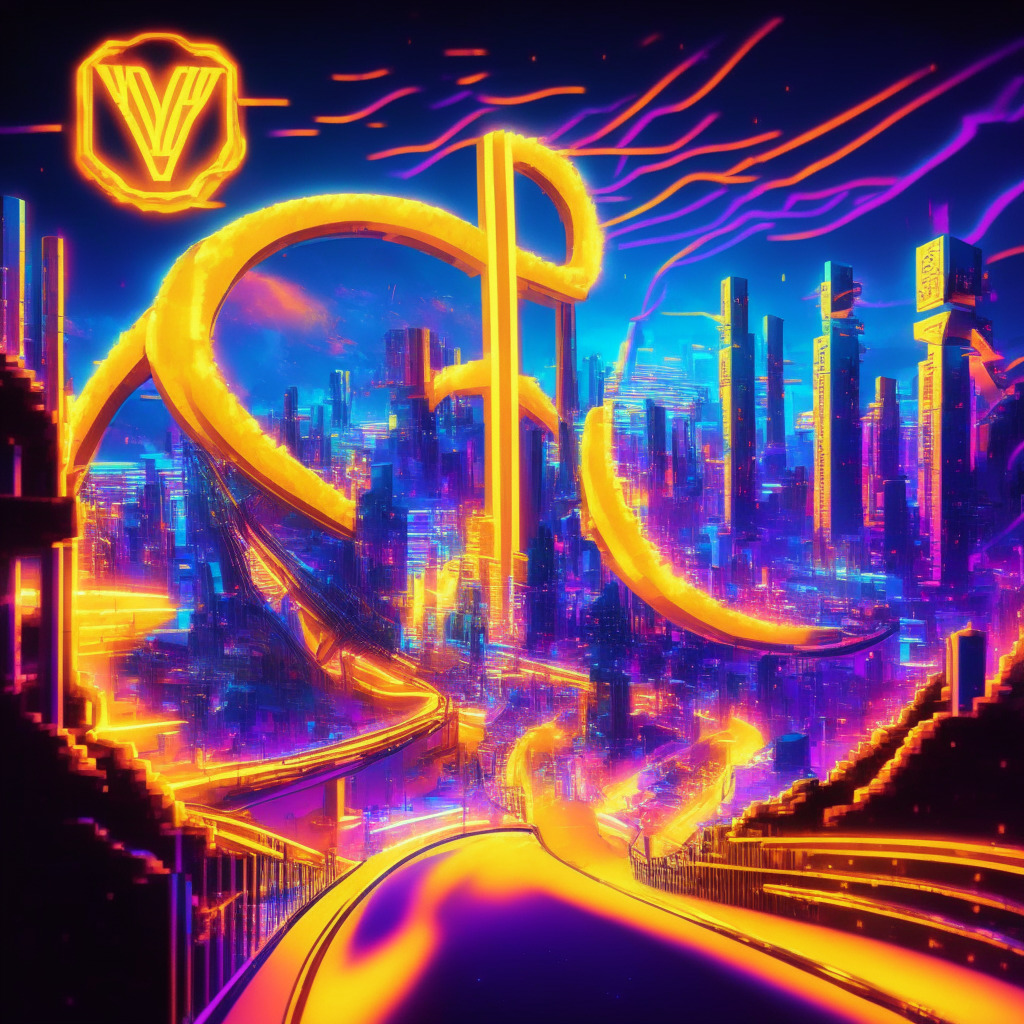 A futuristic image of a cryptocurrency roller-coaster representing Worldcoin's market performance, in vivid neon, lighting up a pixelated skyline evoking an air of volatile charm. A transition into a safer, warm-golden lit pathway, emblematic of BTC20's secure growth outlook. A recurring iris symbol subtly places the privacy concern theme in this surreal, digital landscape.