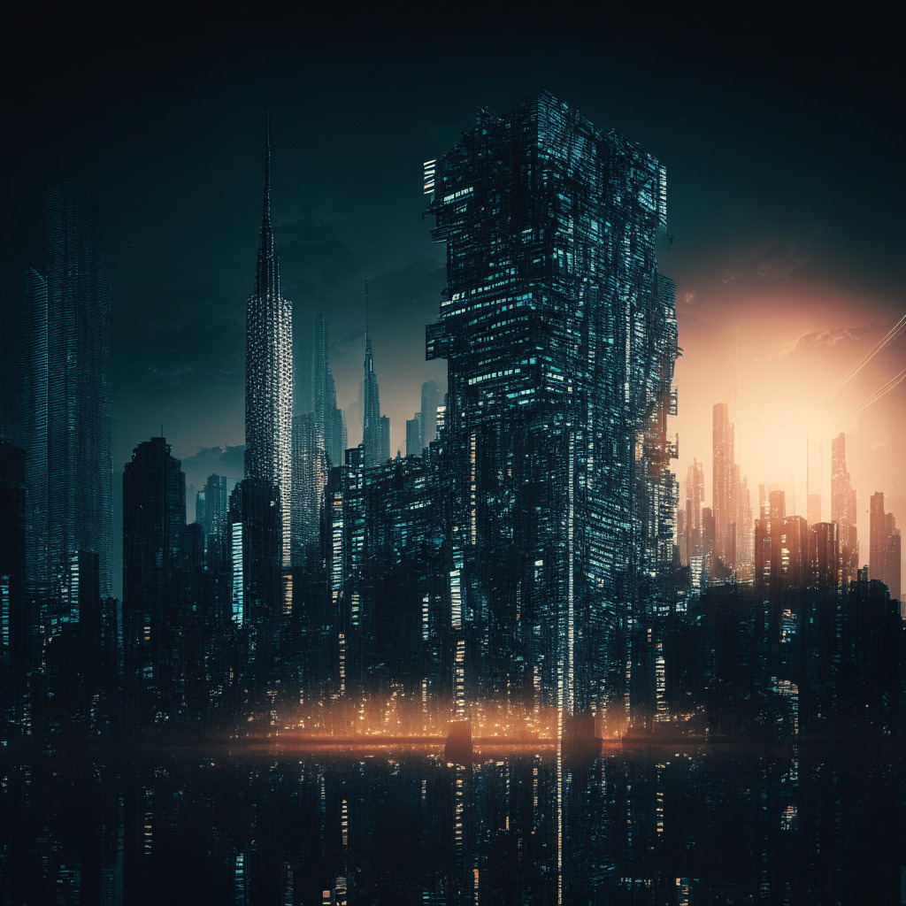 A dystopian scene portraying a digital city with skyscrapers embodying blockchain, Half the city is thriving, illuminated by a mechanically advanced sun, represents 'authenticated individuals'. Other half presents a gloomy night setting, reflecting shadows on glassy structures, symbolising 'nefarious intentions'. A massive digital eye oversees the city, capturing the retinal scanning element. Mood: Intriguing, paradoxical, with a pop-art twist..