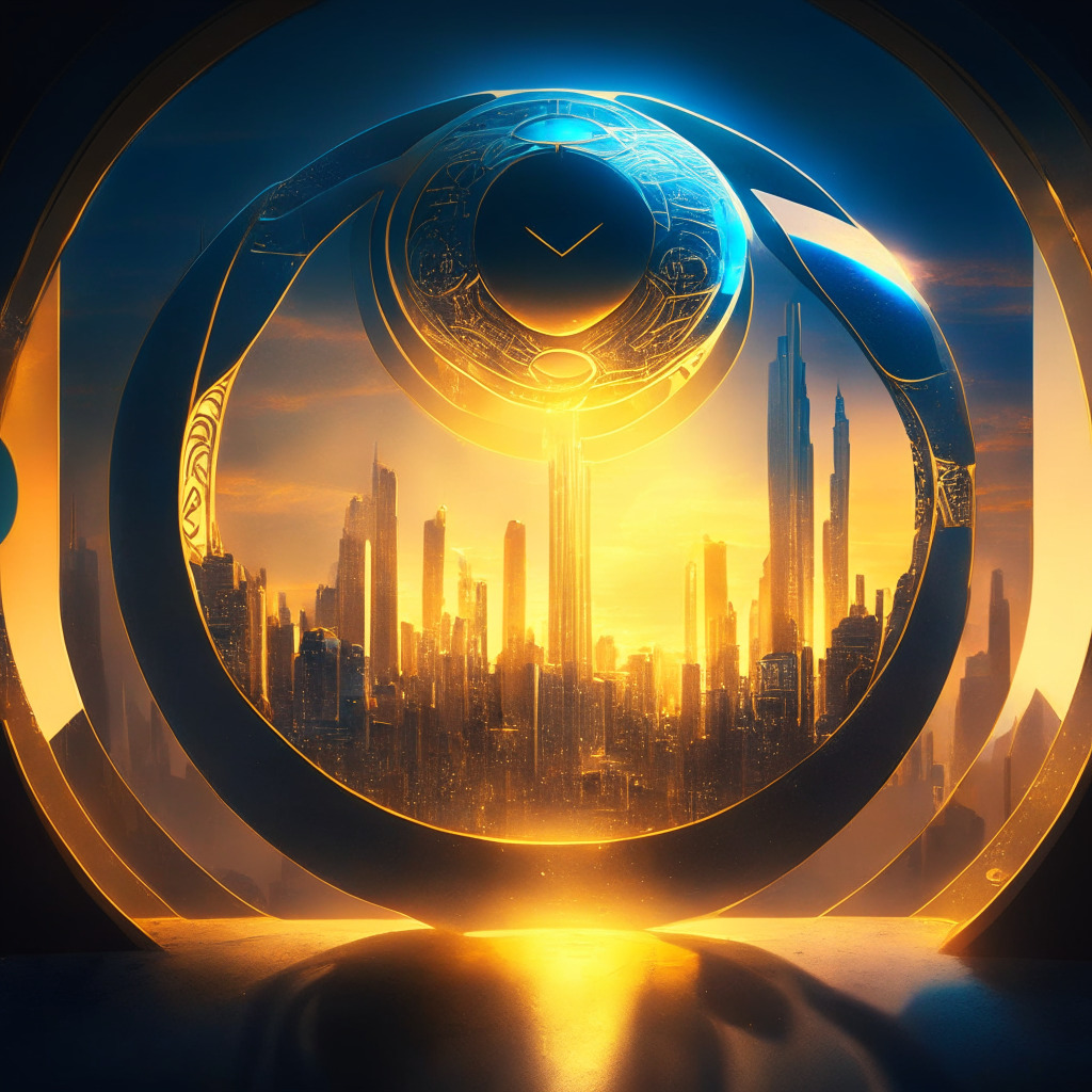 A Futuristic cityscape bathed in a blue-gold sunset light, showcasing the duality of the narrative. On one side an iris-scanning orb, gleams with beta tokens swirling, represents the innovative concept of the Worldcoin project. On the other side, shadows lengthen over a large, locked vault symbolising token reserved for insiders and development team. In the backdrop, skyscrapers with a silhouette of steadily raising graphs signify price surges. The mood is anticipatory yet cautious, a balance between celebration and concern.